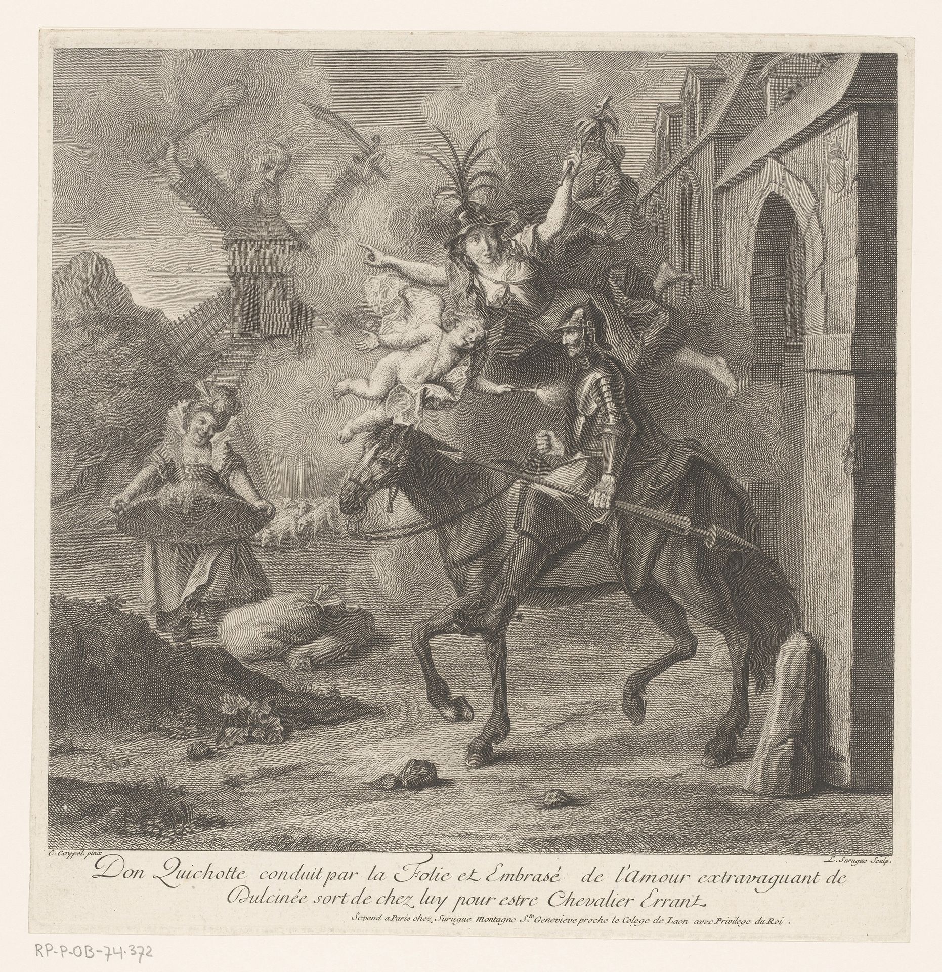Don Quichot verlaat begeleid door de Dwaasheid zijn huis om dolend ridder te worden by Louis Surugue