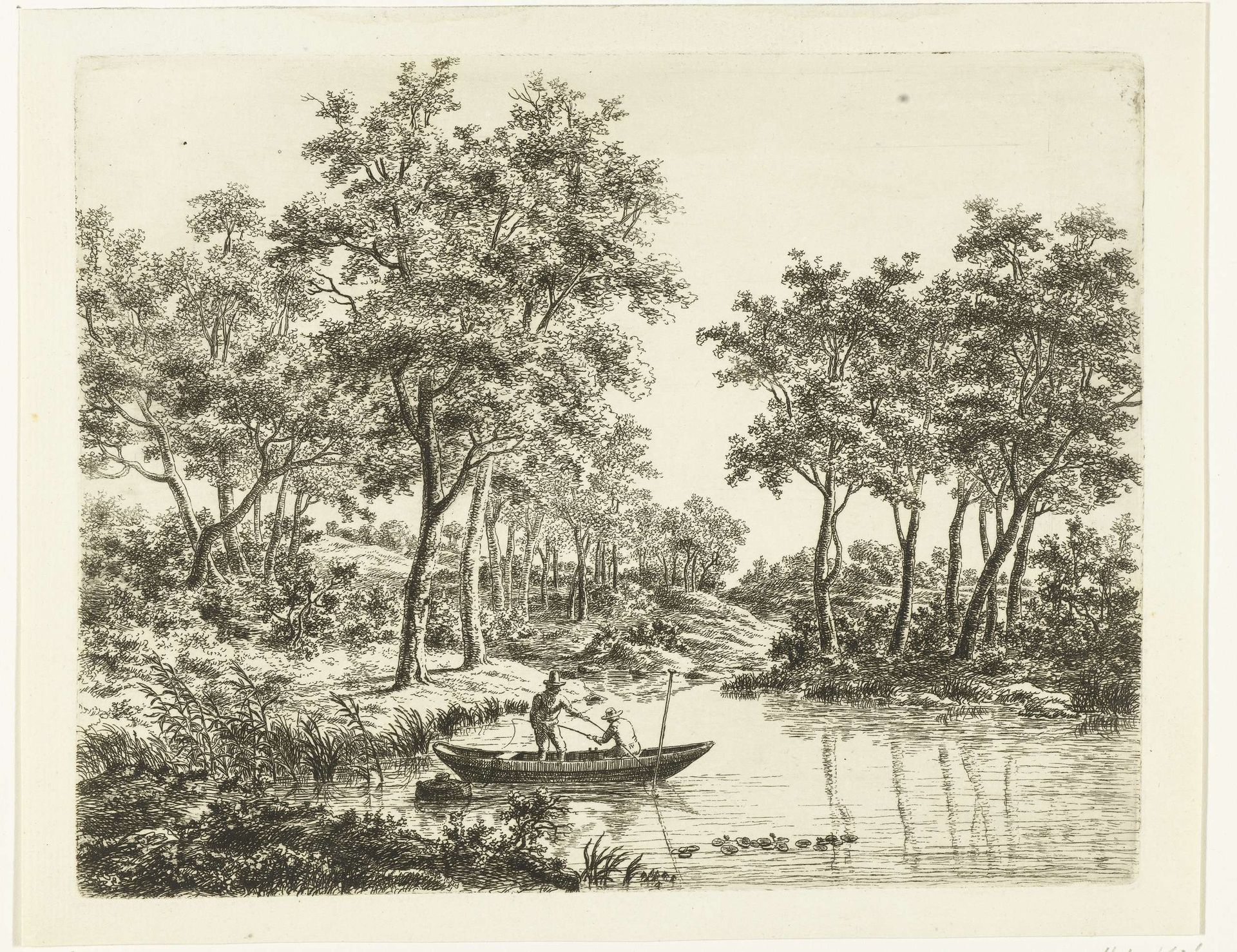 Landschap met twee hengelende vissers in een boot op een vijver by Ernst Willem Jan Bagelaar