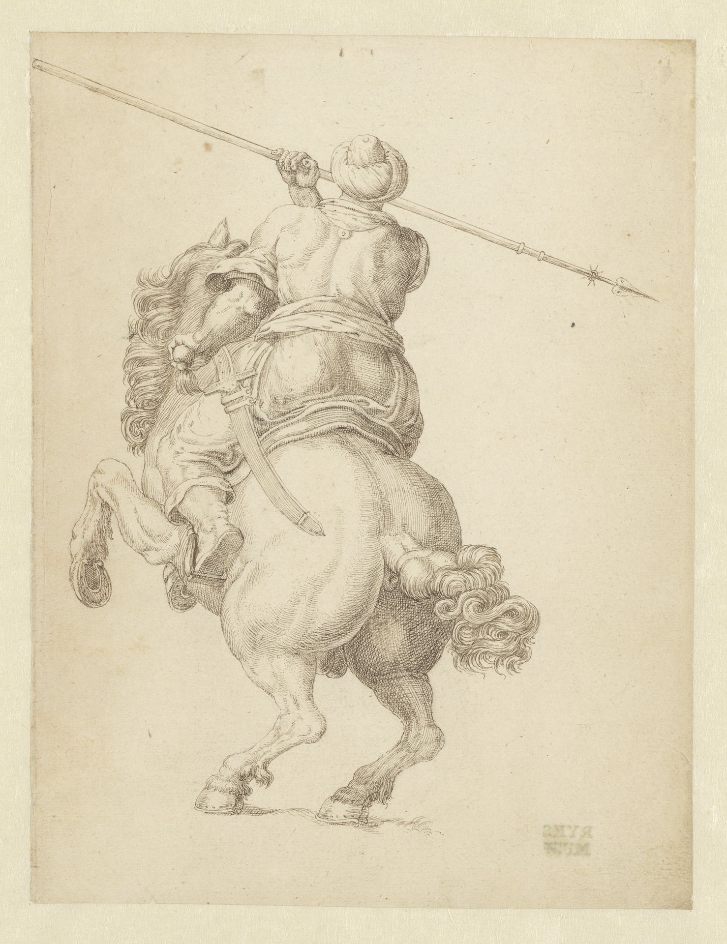 Ruiter met speer, op de rug gezien by Anonymous