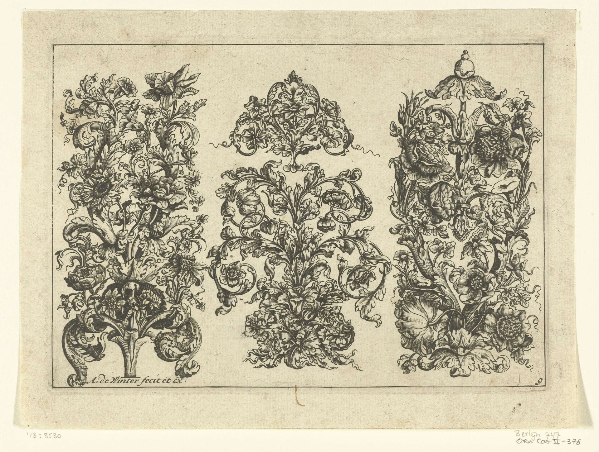 Drie verticale stroken met bladranken en bloemen by Anthonie de Winter