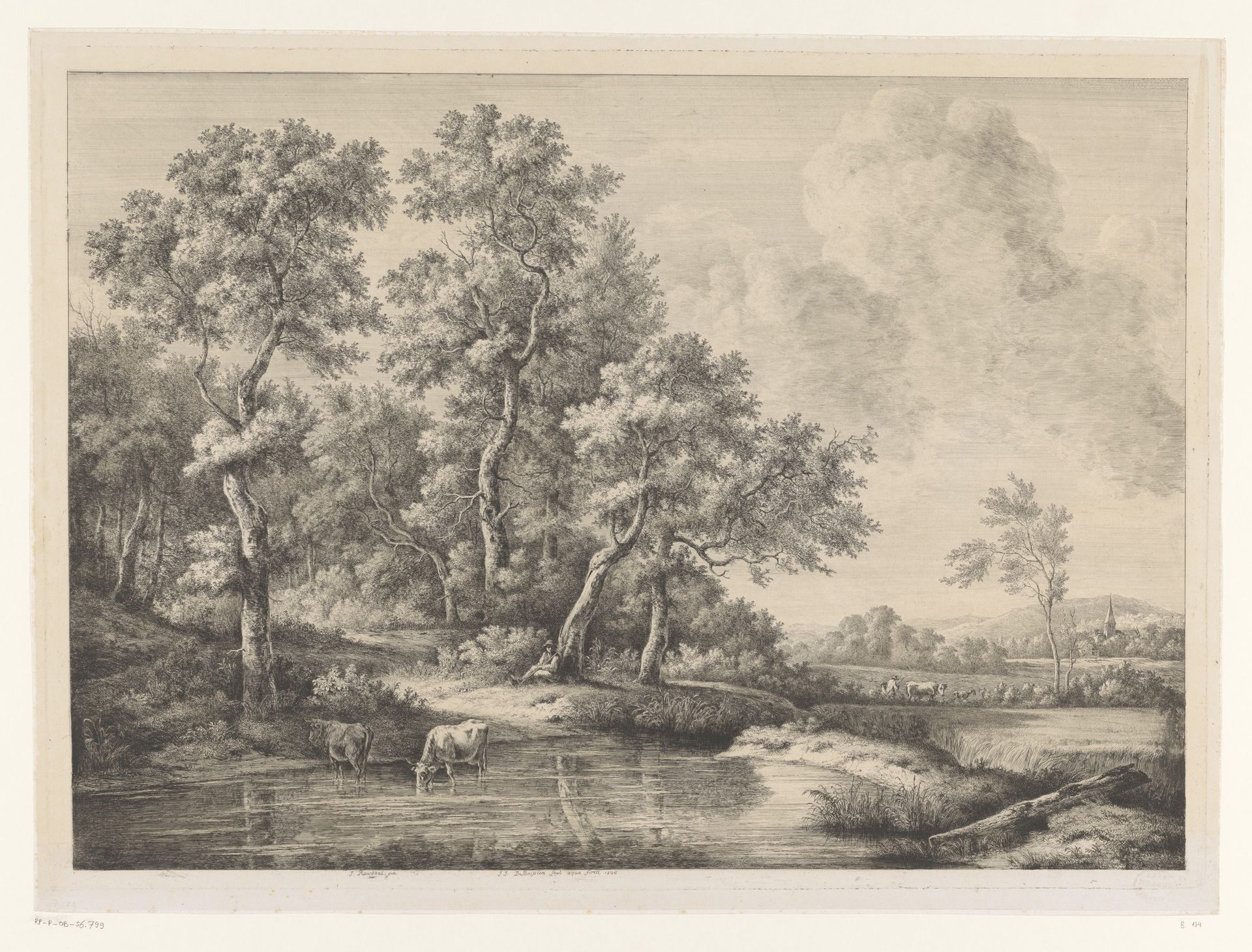 Landschap met een herder bij een boom en twee koeien in een poel by Jean Jacques de Boissieu