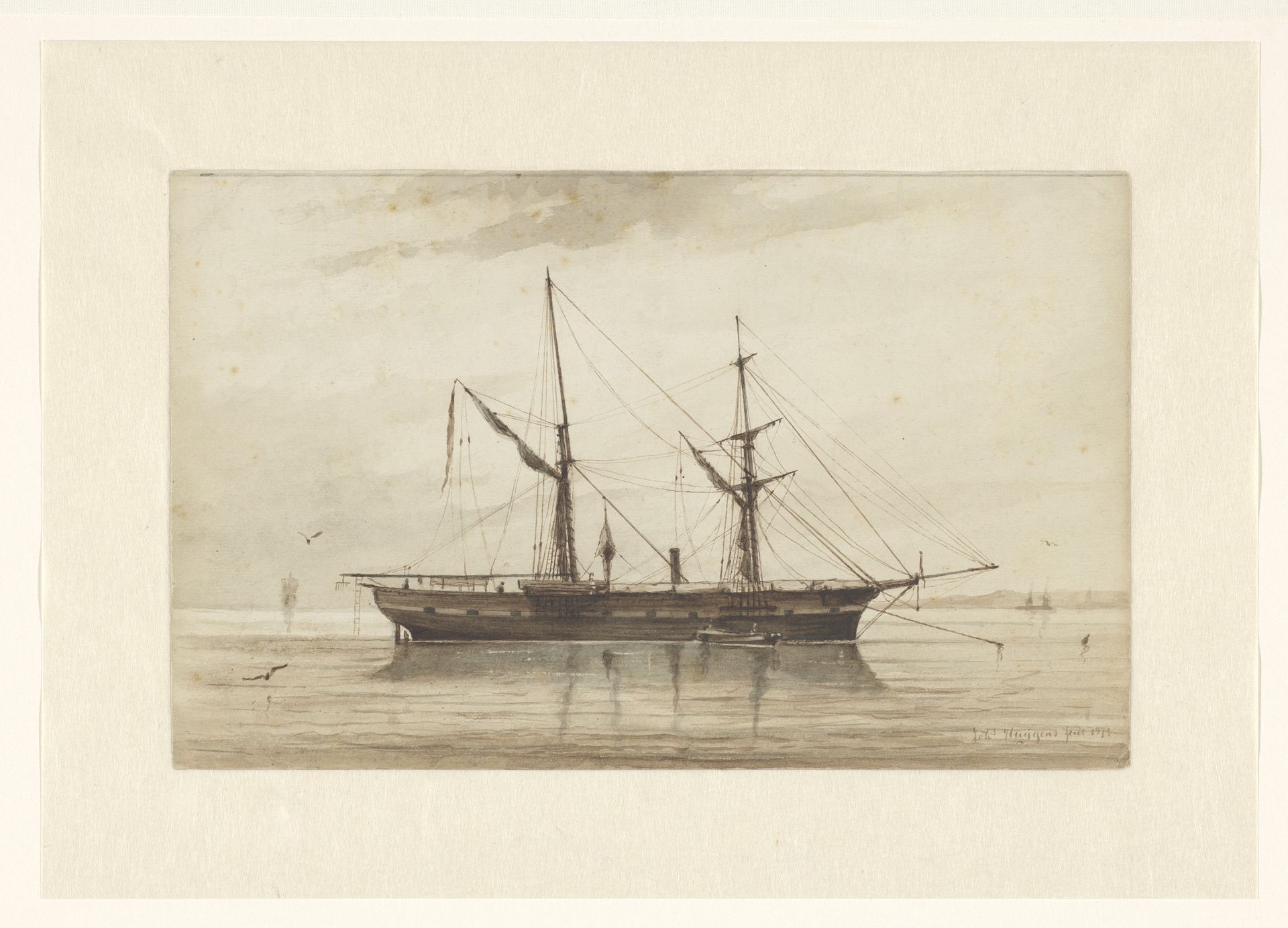 Zeilschip voor anker in kalm water by Johannes Huygens