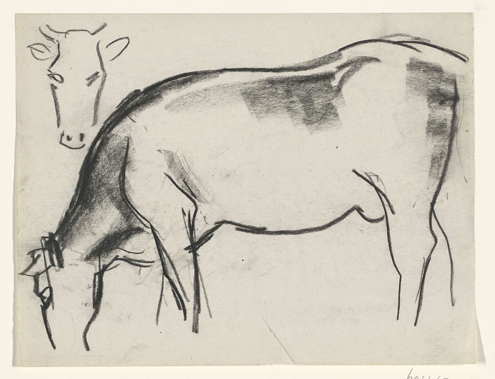 Grazende koe en koeienkop by Leo Gestel