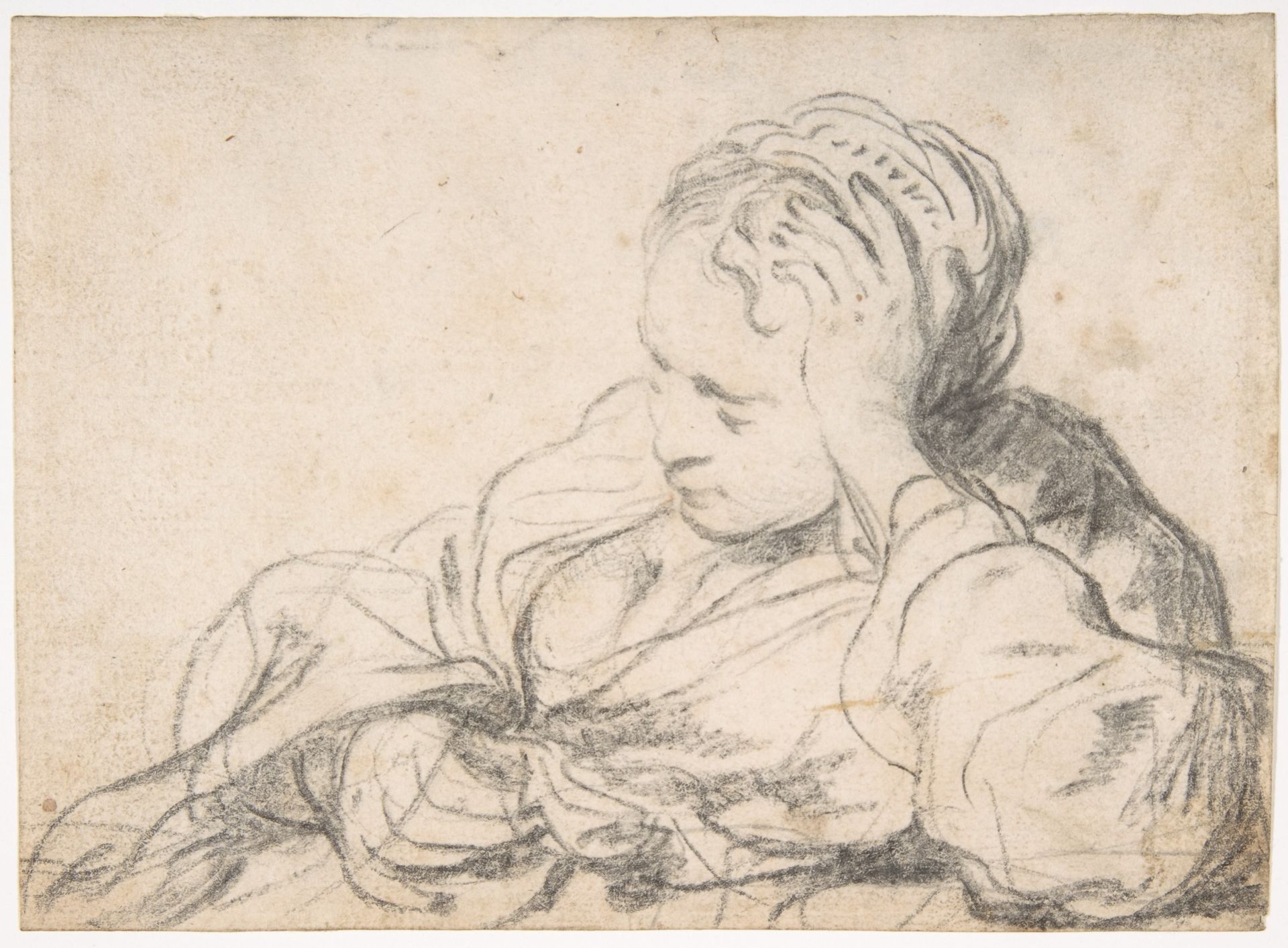 A Woman Asleep (recto);  Landscape Composition with Well-Sweep (verso) by Govert Flinck