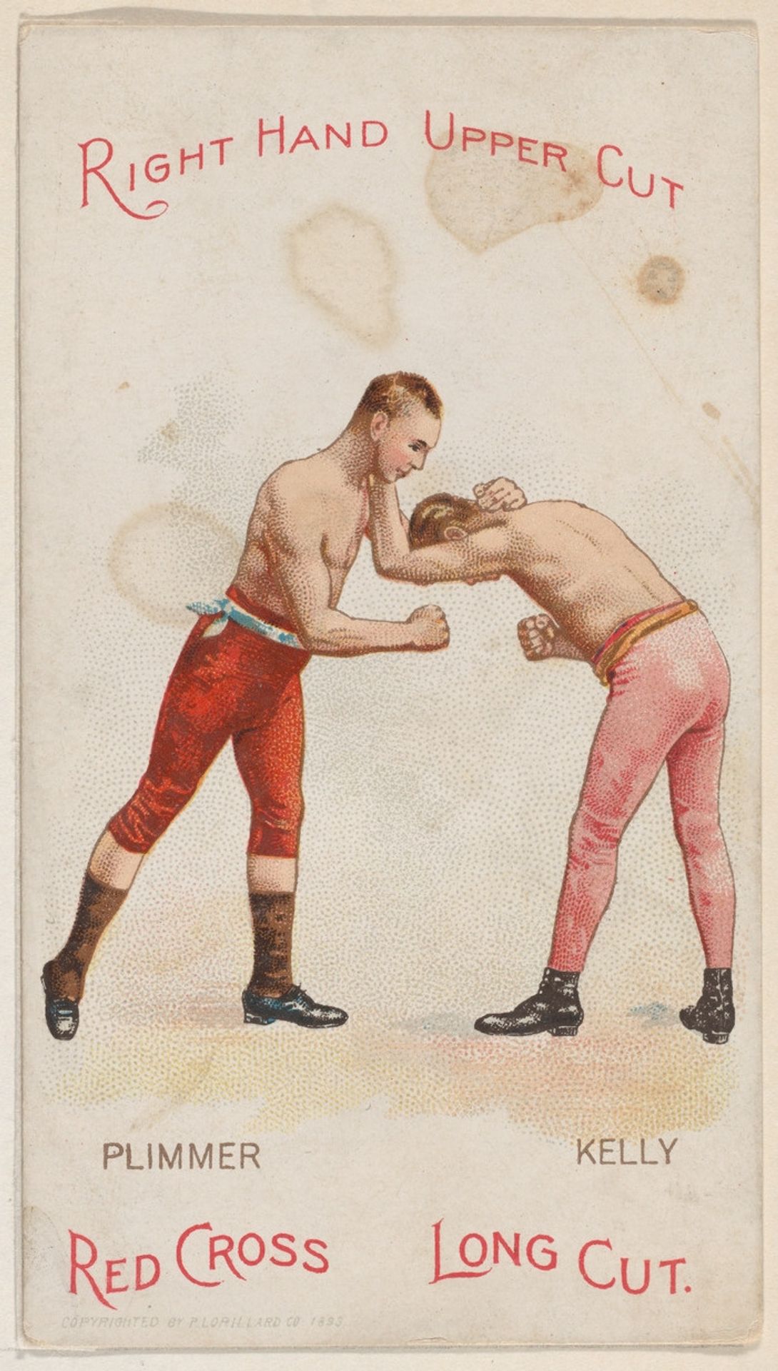 Right Hand Upper Cut, Billy Plimmer and Tommy Kelly, from the Boxing Positions and Boxers series (N266) issued by P. Lorillard Company to promote Red Cross Long Cut Tobacco by P. Lorillard Company