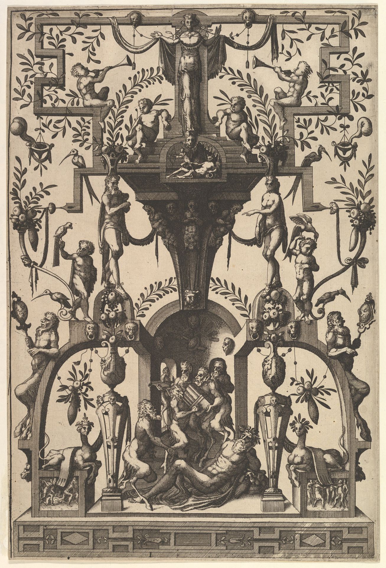 Surface Decoration, Grotesque with Strapwork, Including a Wall Niche under a Strapwork Canopy, Bacchic Scene below from Veelderleij Veranderinghe van grotissen ende Compertimenten...Libro Primo by Johannes van Doetecum I