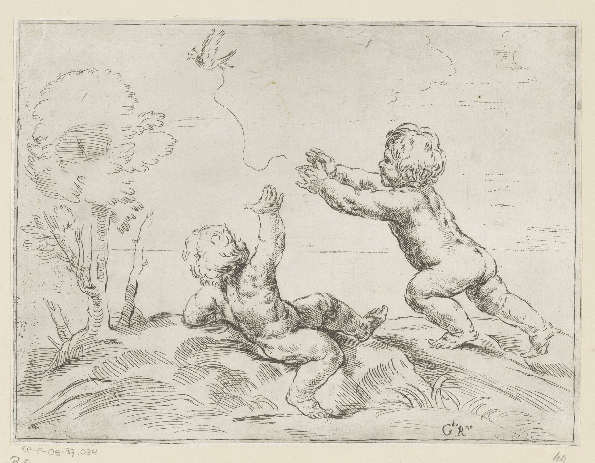 Twee kinderen met een vogel spelend by Girolamo (I) Rossi