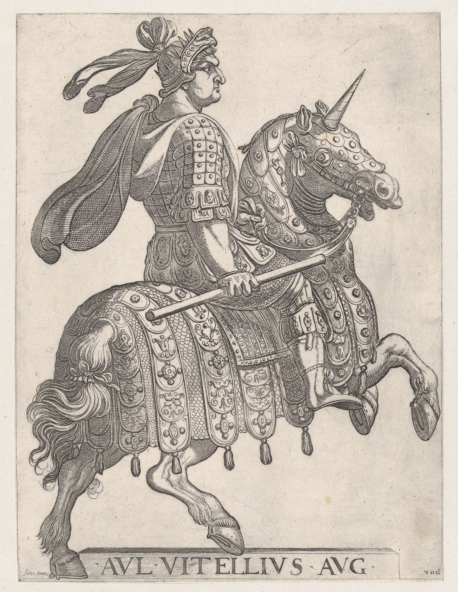 Plate 9: Emperor Vitellus on Horseback, from  'The First Twelve Roman Caesars' by Antonio Tempesta