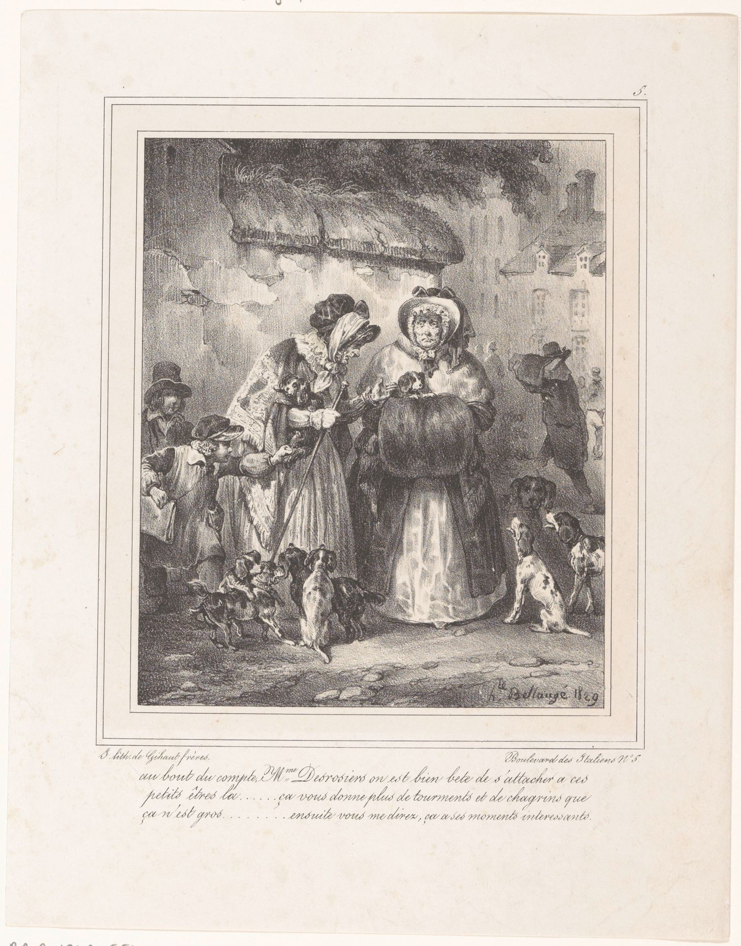 Twee oude vrouwen op straat, omringd door negen honden by Hippolyte Bellangé