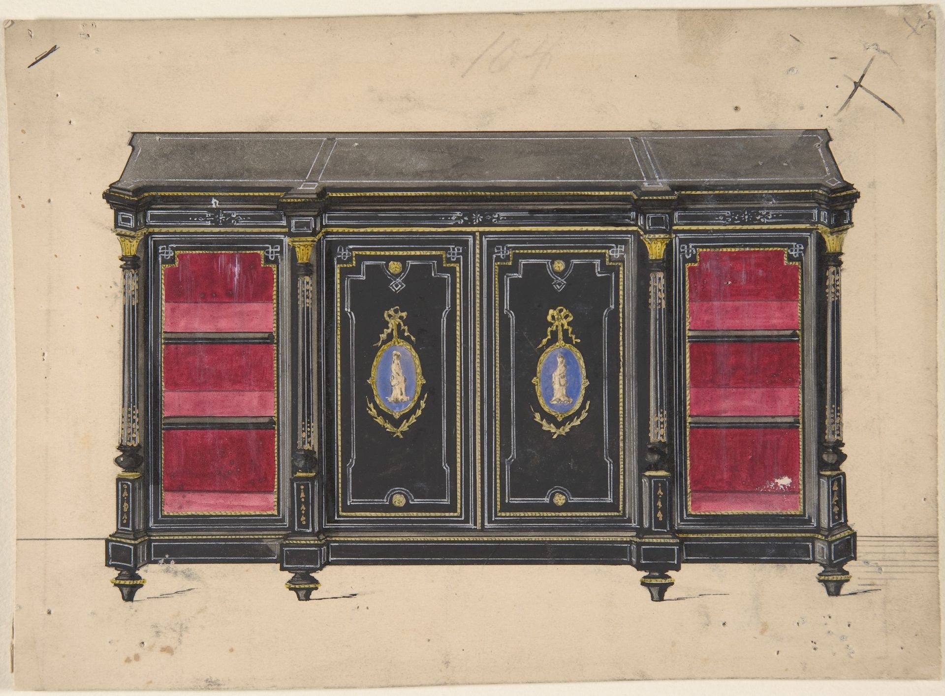 Cabinet Design with Porcelain Plaques and Red Interior by Anonymous