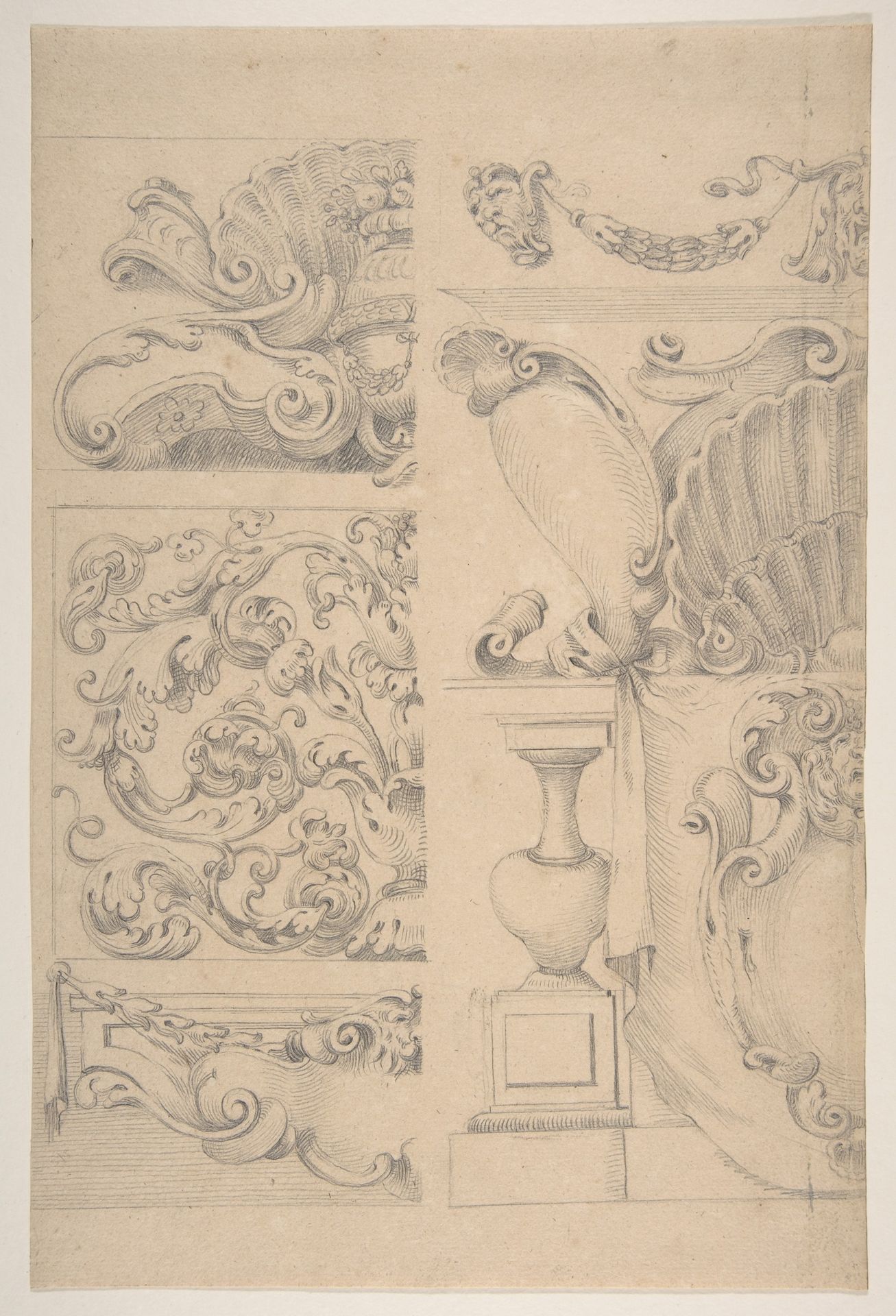 Design for Cartouches Decorated with Sea-Shells, Garlands, Foliage, Volutes and Urns by Agostino (Stanzani) Mitelli