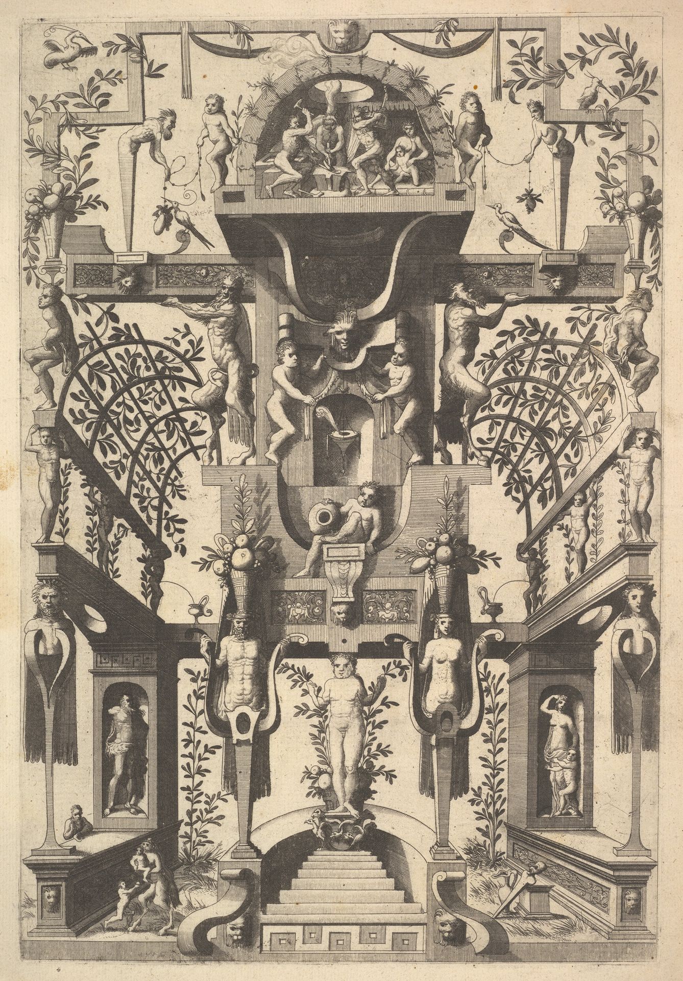 Fantastic Architecture Structure with Strapwork and Two Pergolas and a Small Scene with Vulcan's Forge at the Top by Cornelis Floris II