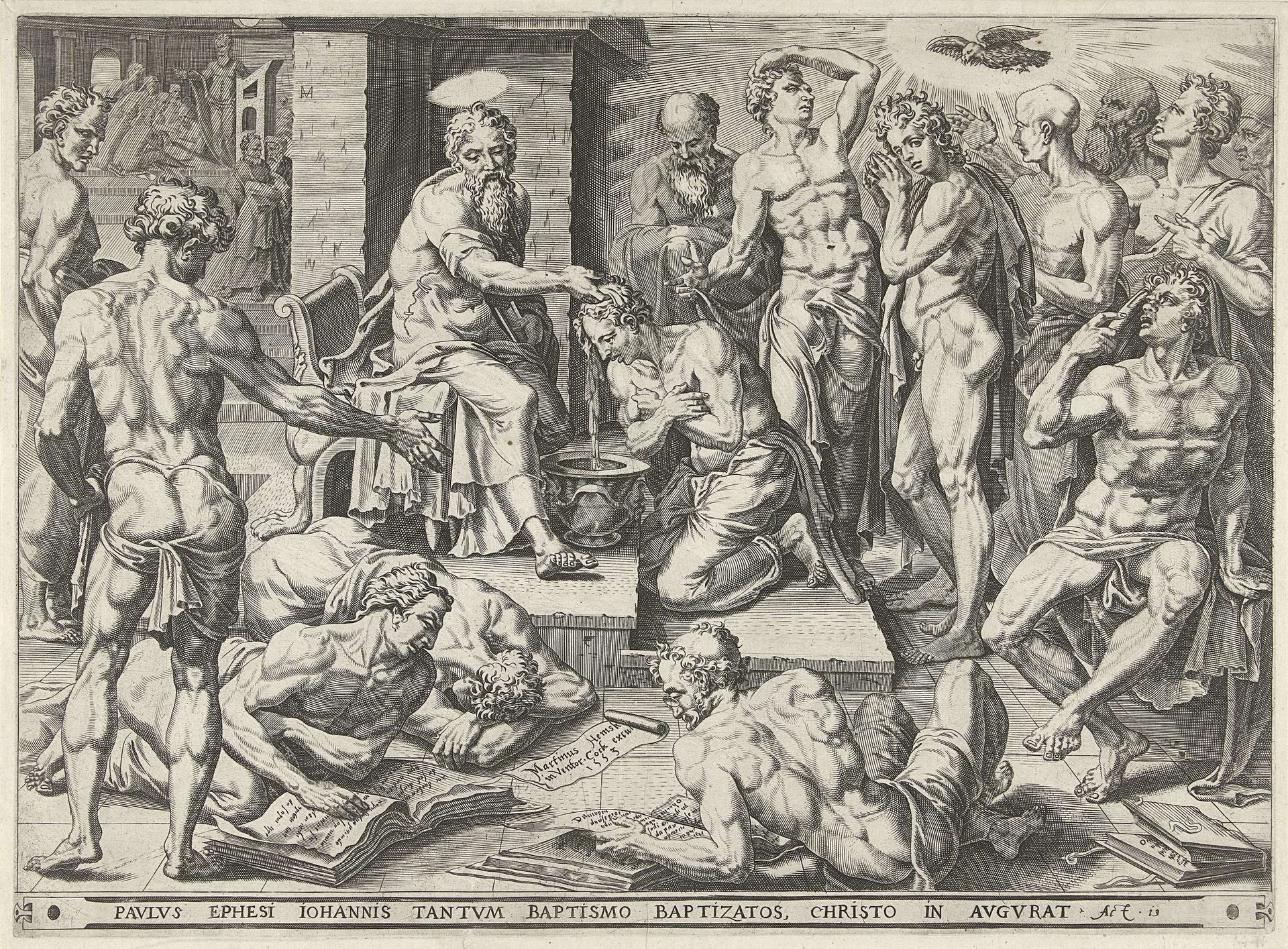 Paulus doopt de inwoners van Efeze by Dirck Volckertsz Coornhert