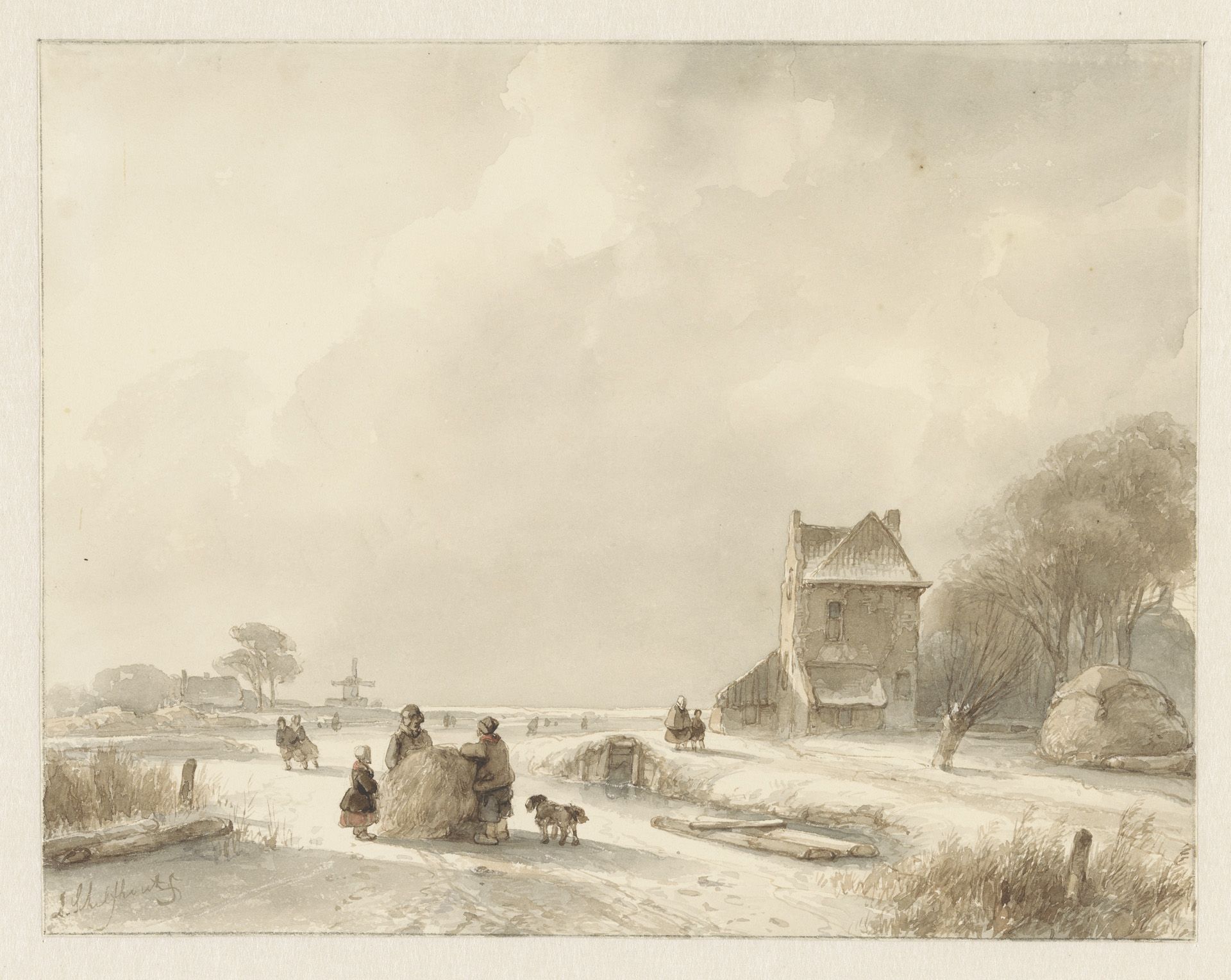 Winterlandschap met hooislee en schaatsers by Andreas Schelfhout