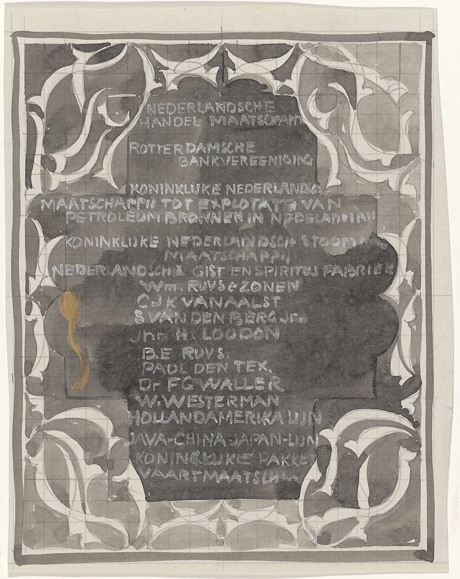 Ornamentaal ontwerp met namen van bedrijven by Carel Adolph Lion Cachet