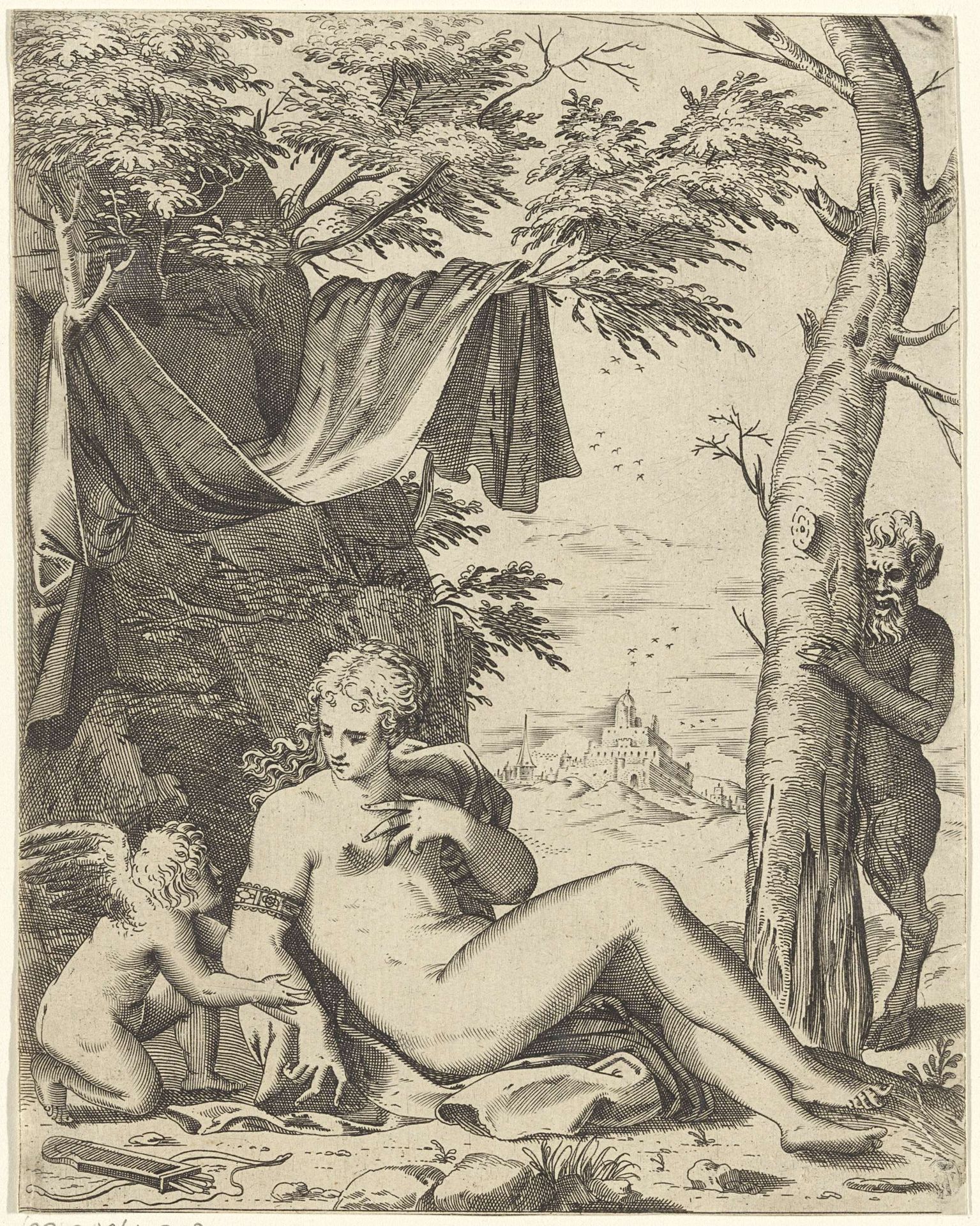 Venus, Amor en sater by Agostino Carracci