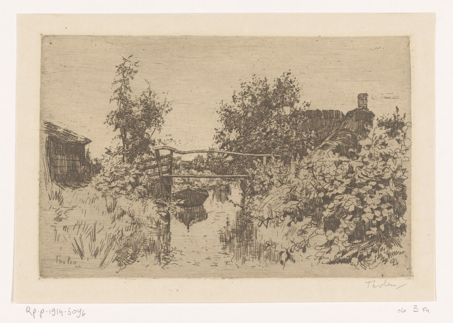 Brug over een vaart in landschap met bomen, huizen en struikgewas by Willem Bastiaan Tholen