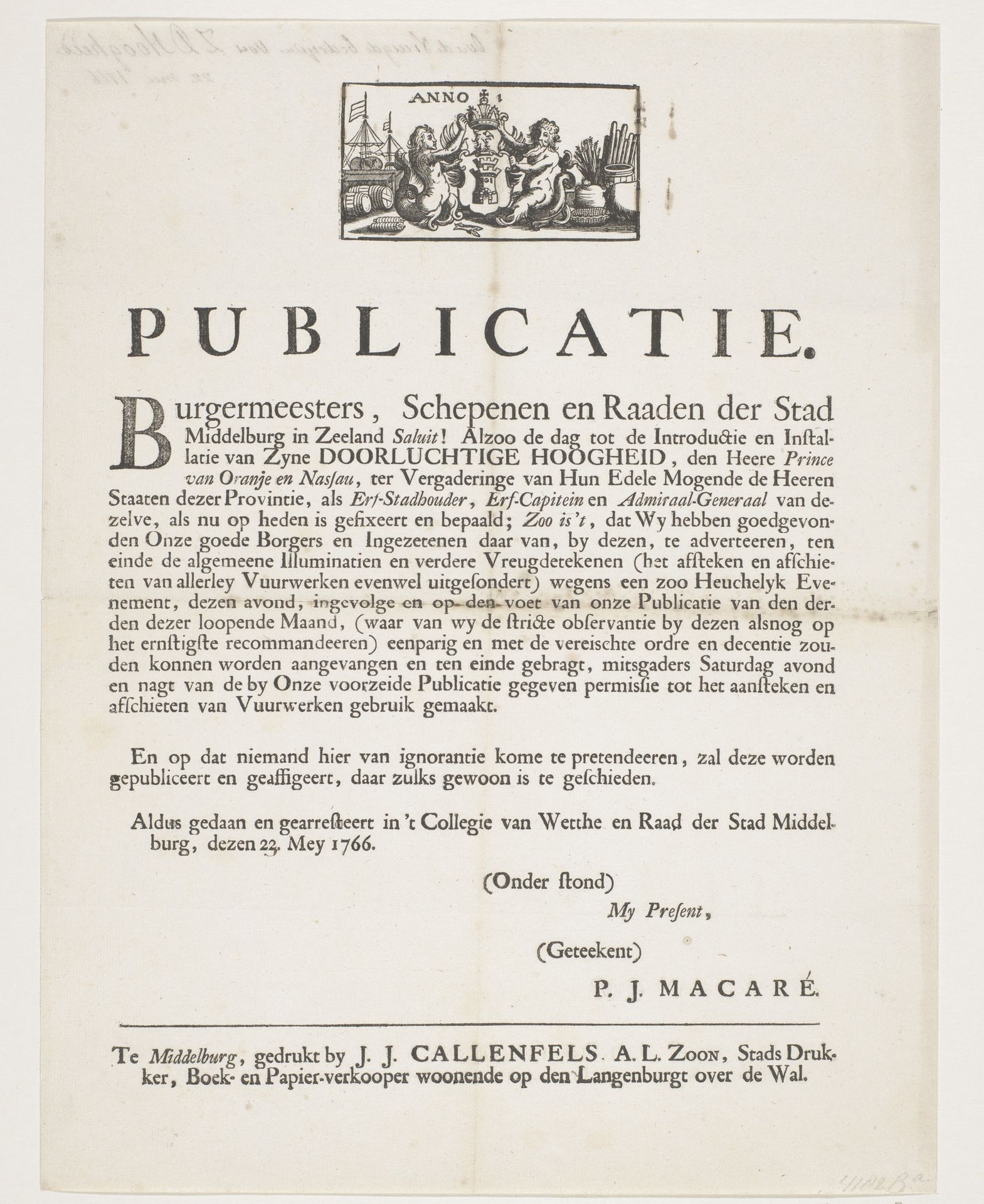 Publicatie over het illumineren bij het bezoek van Willem V aan Middelburg, 1766 by Johannes Jacobus Callenfels A.L.zoon