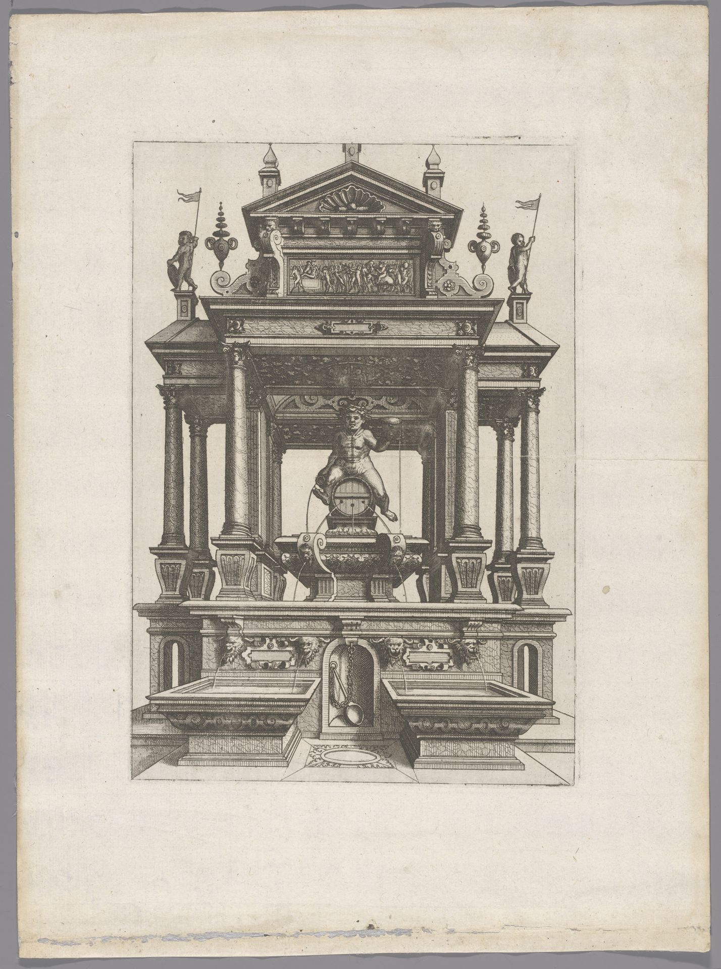 Tempel met fontein en Bacchus op een ton by Joannes van (I) Doetechum