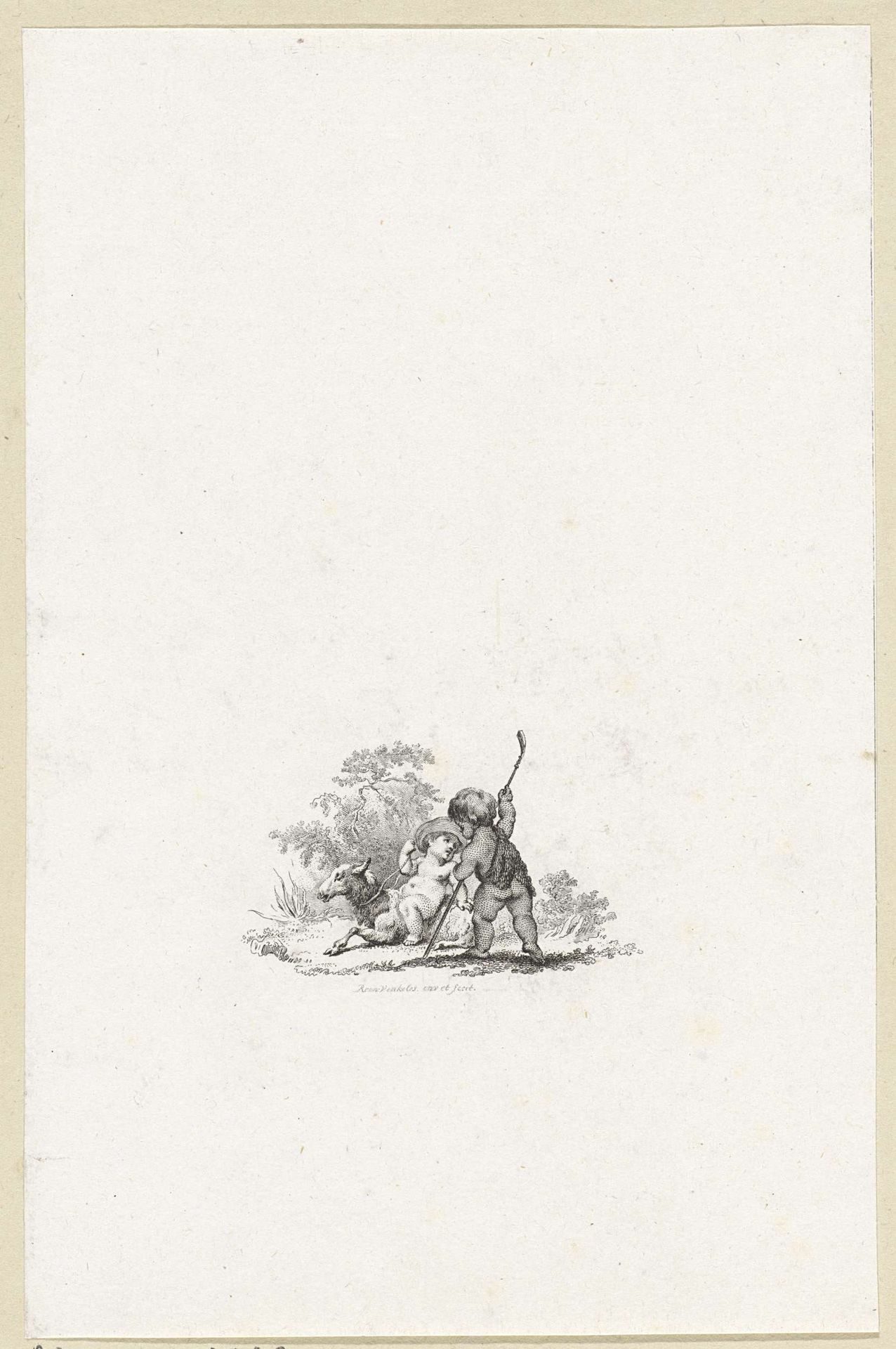 Twee putti met een schaap en een herdersstaf by Reinier Vinkeles