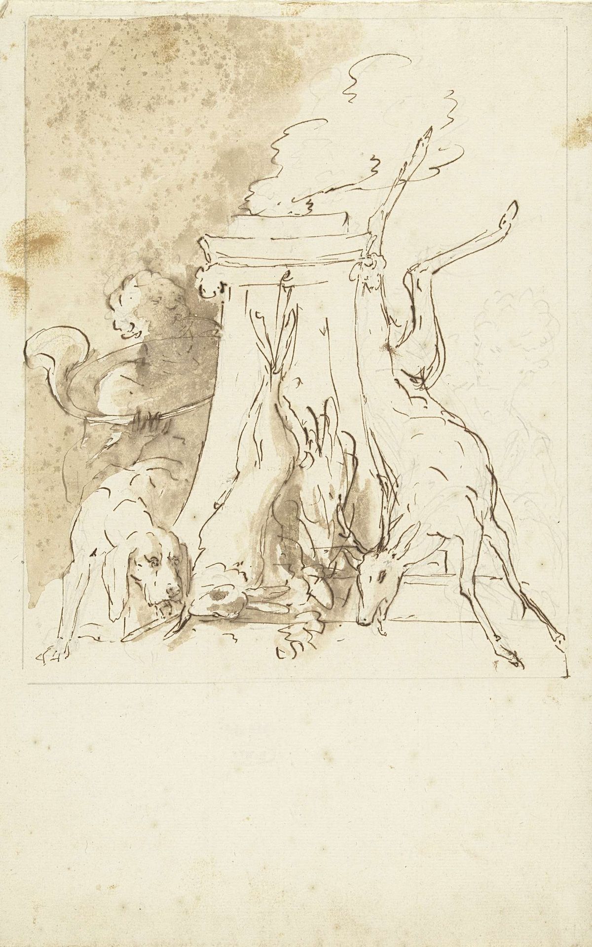 Ontwerp voor een jachtstuk met dood wild en jachthond by Elias van Nijmegen