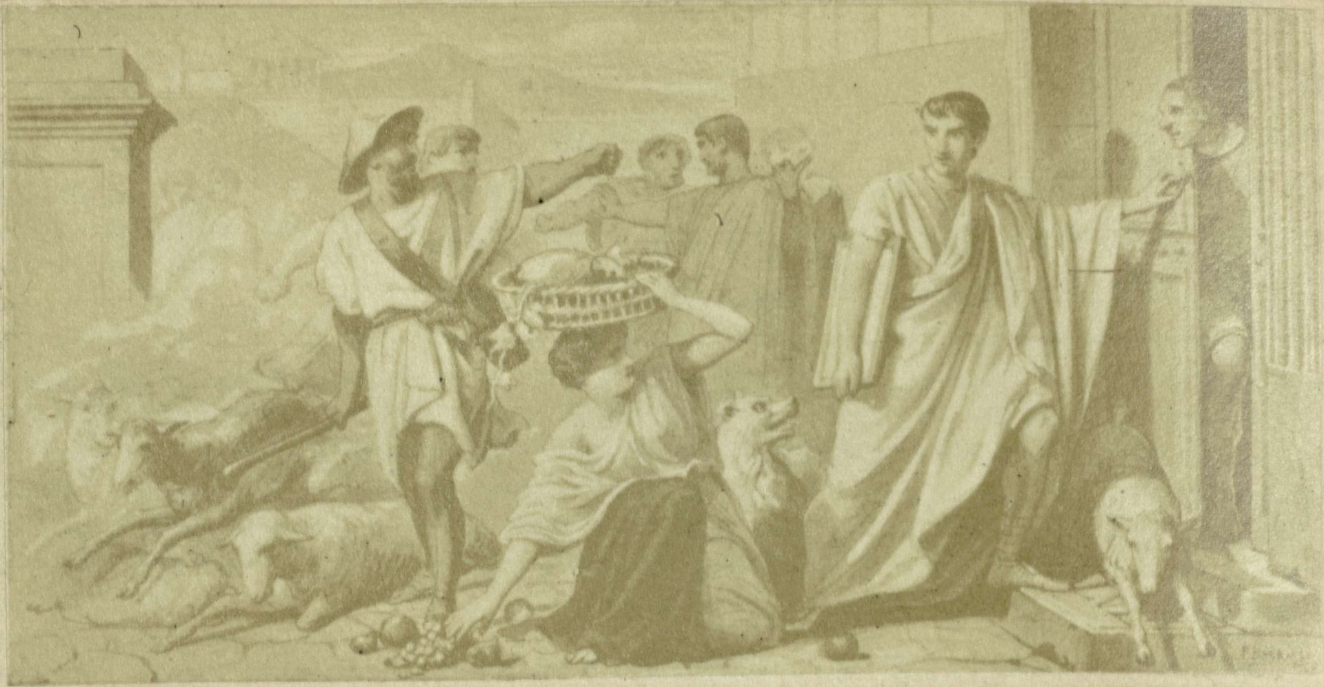Fotoreproductie van een illustratie van drukte op straat bij een huisdeur by Anonymous