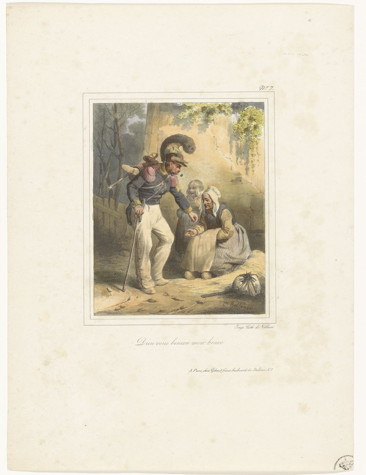 Soldaat geeft een arme vrouw wat geld by Hippolyte Bellangé
