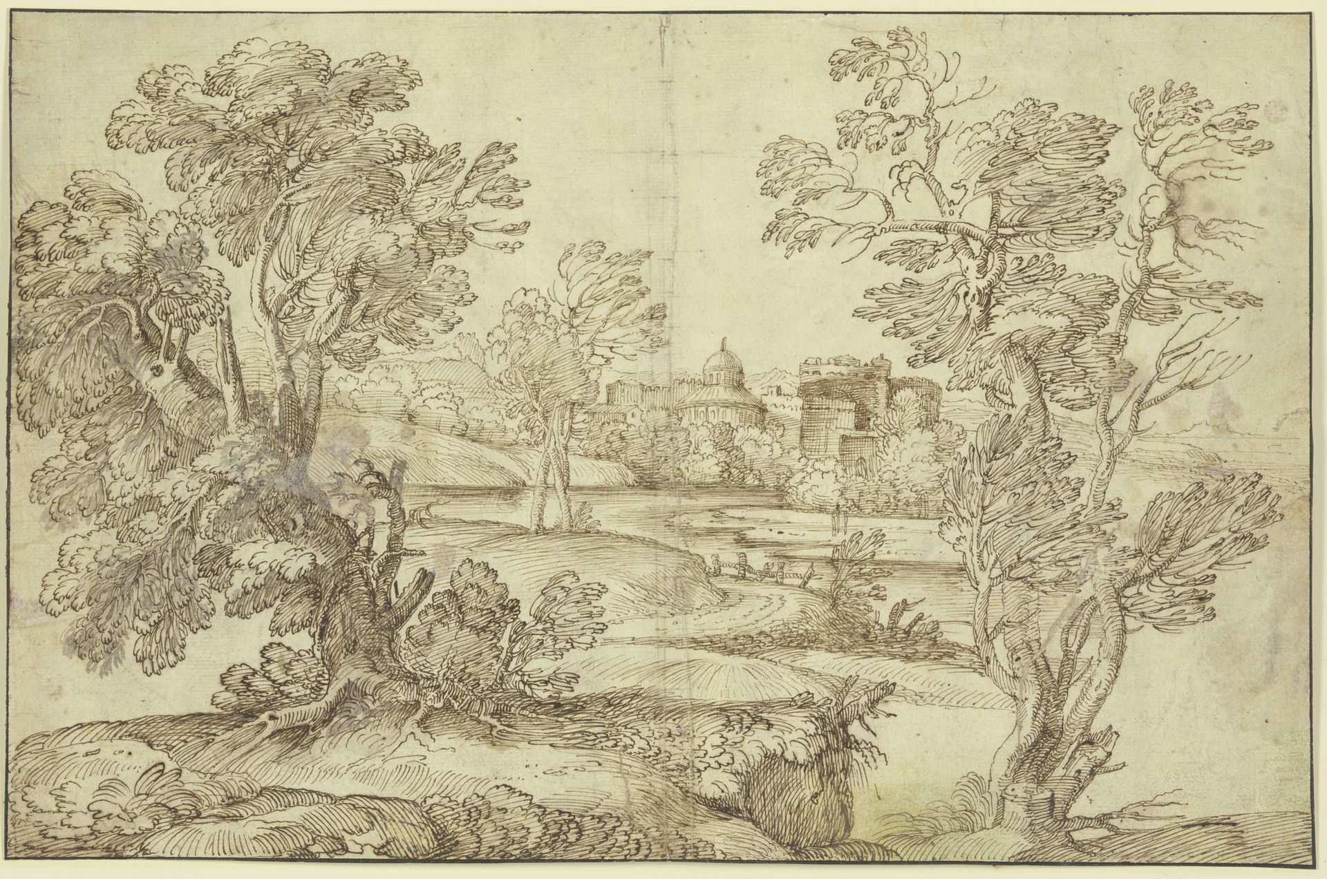 Landschaft mit Wasser, Baumgruppen und Gebäuden by Giovanni Francesco Grimaldi
