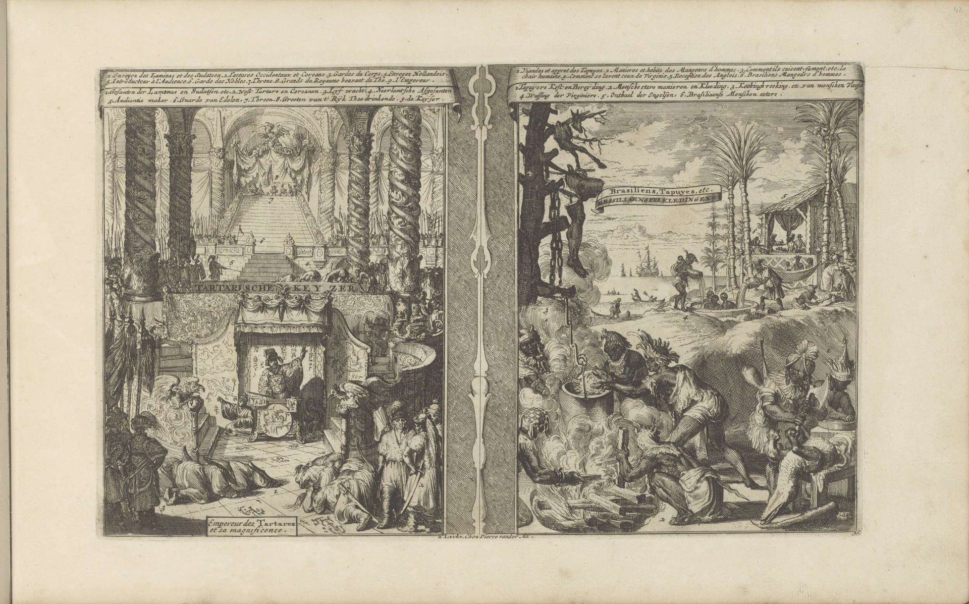 Hof van de Tartaarse keizer; Braziliaanse Tapoeiers bereiden hun voedsel by Romeyn de Hooghe