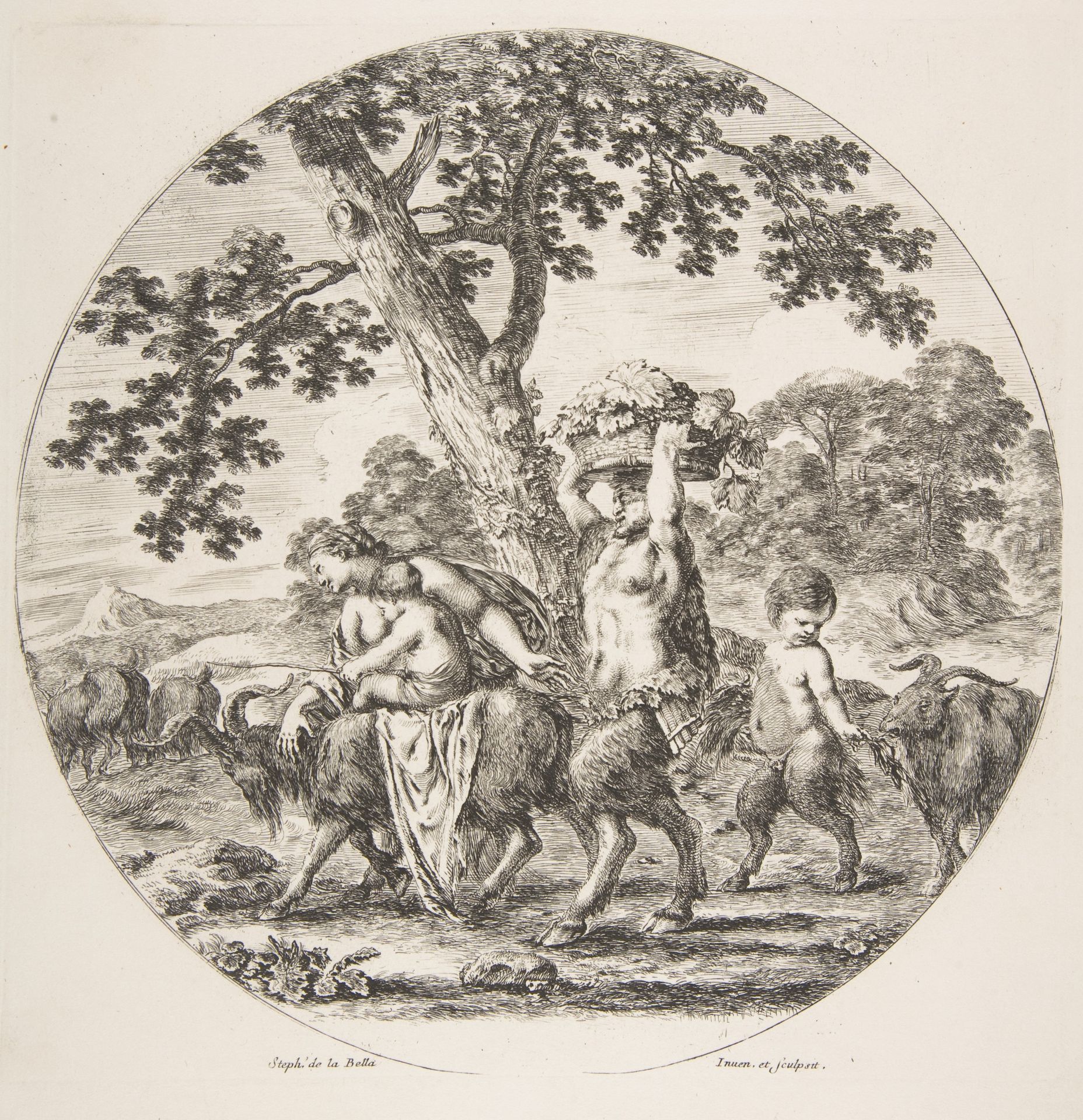 Satyr family walking towards the left with two goats and a basket of grapes by Stefano della Bella