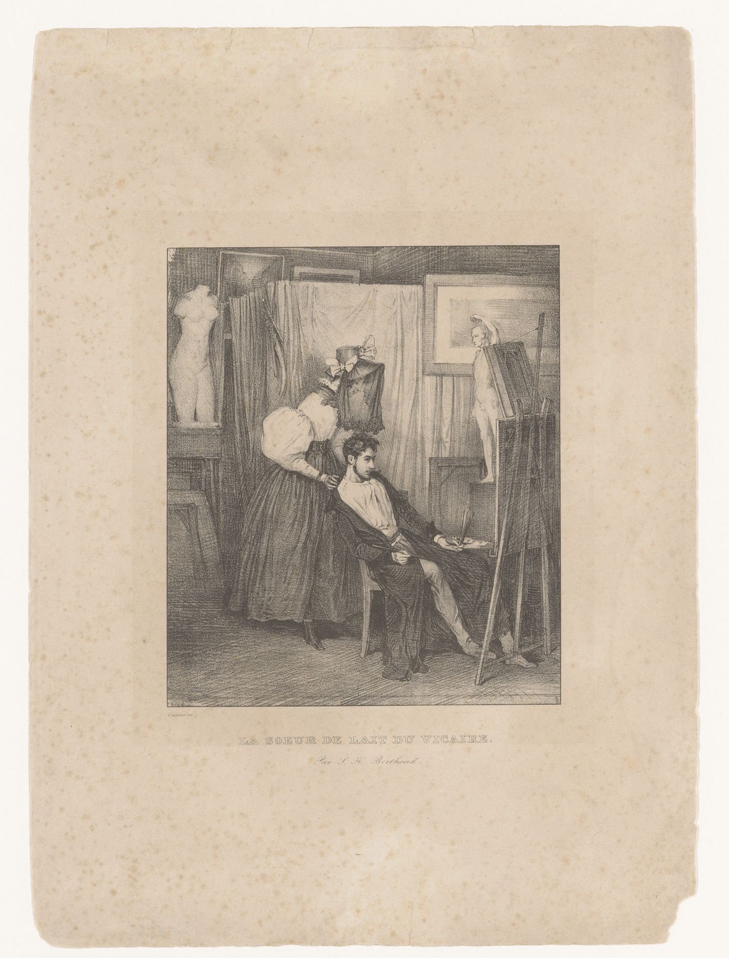 Schilder met vrouw in zijn atelier by Paul Gavarni