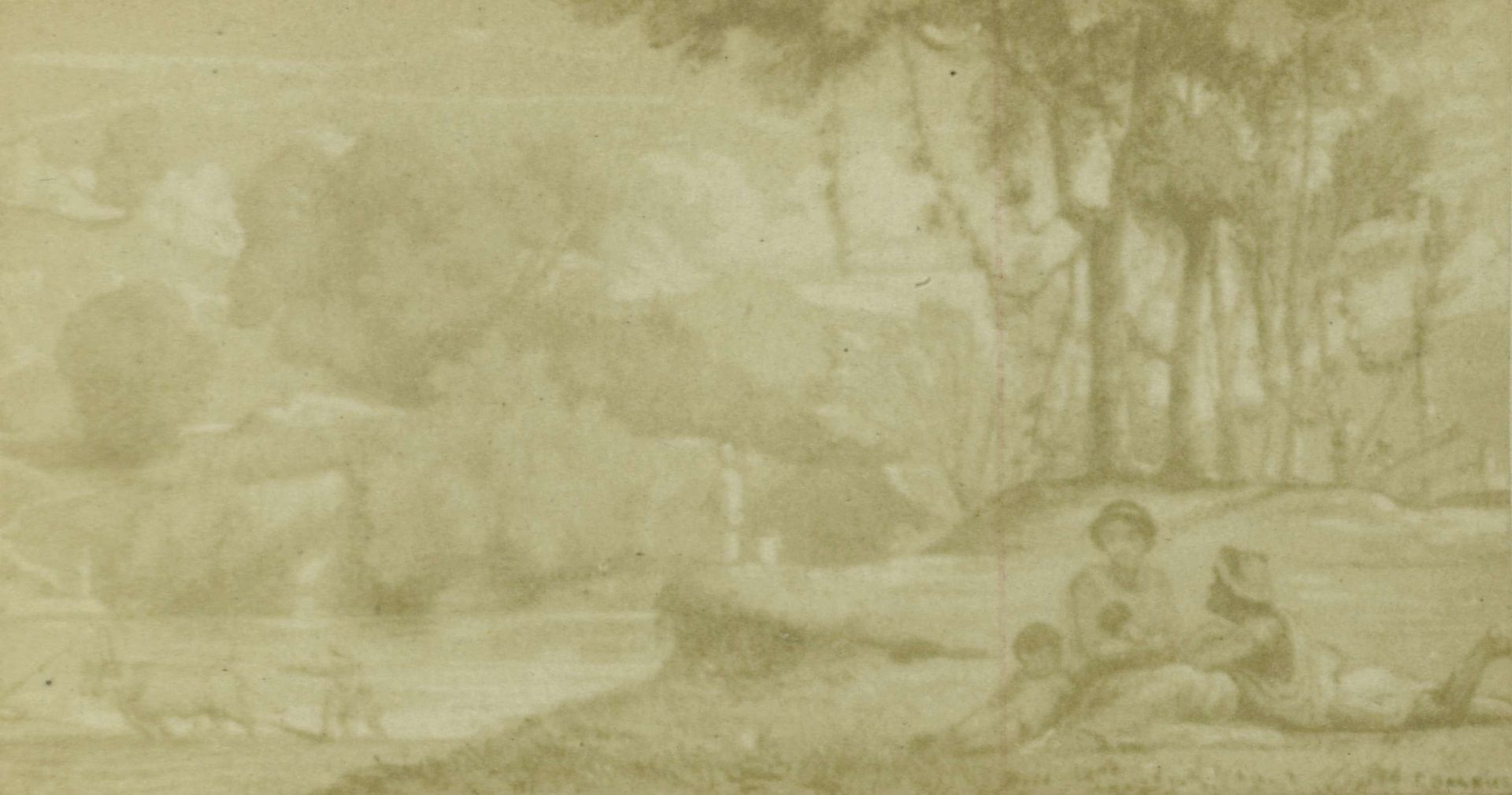Fotoreproductie van een illustratie van een landschap met figuren op de voorgrond by Anonymous