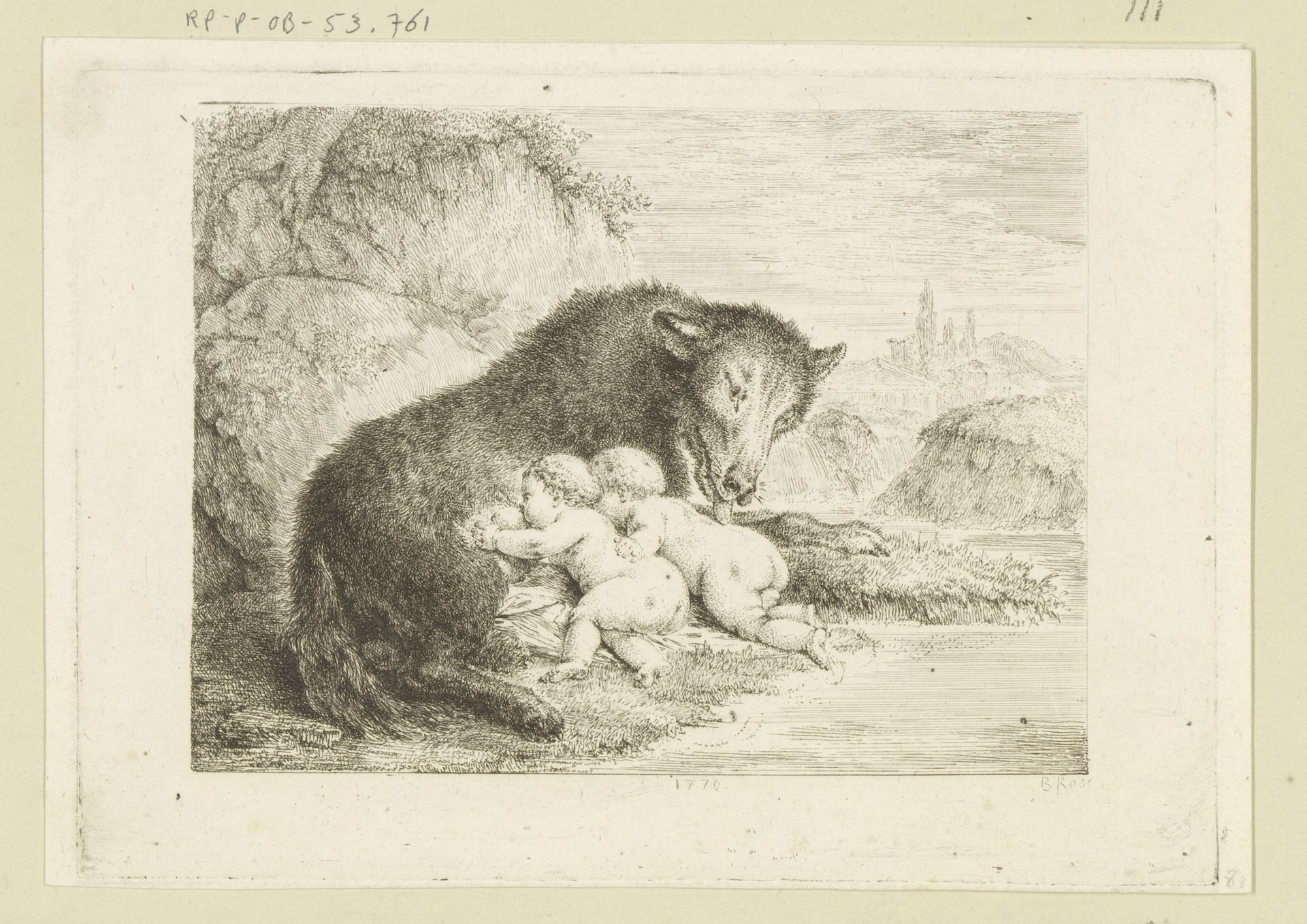 Romulus en Remus gevoed door de wolf by Christian Bernhard Rode