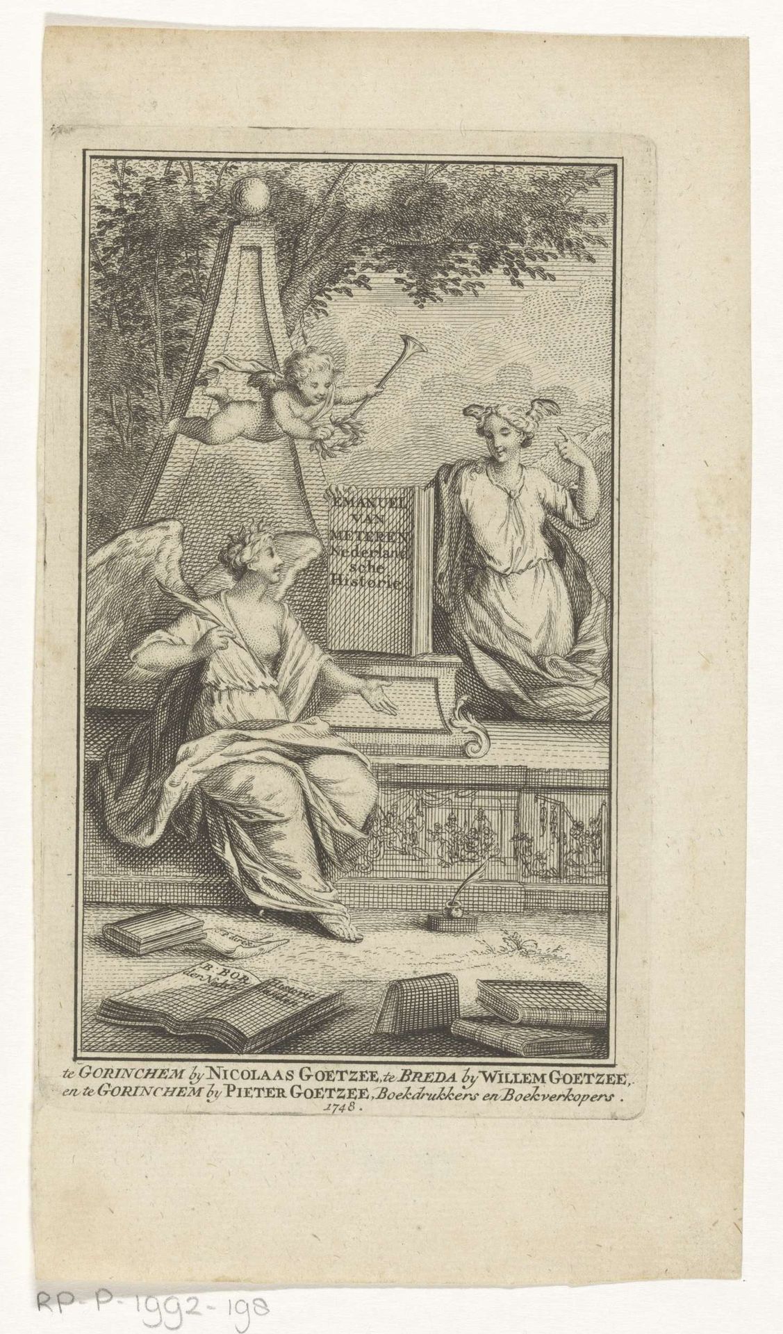 Allegorische voorstelling met Geschiedenis en vrouw met vleugels aan het hoofd by Anonymous