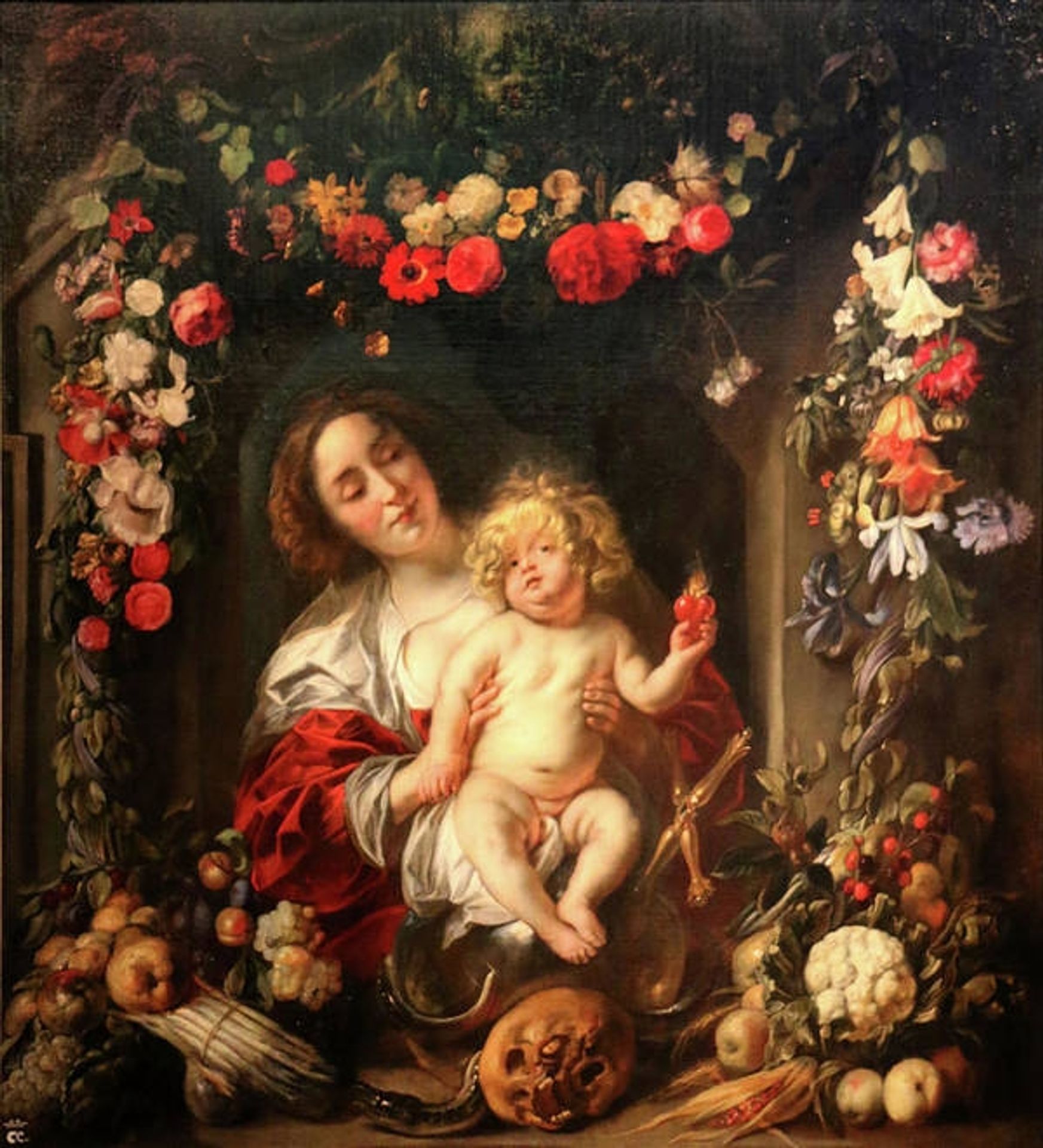 Mary and the Child in a crown of flowers, fruits and vegetables by Jacob Jordaens