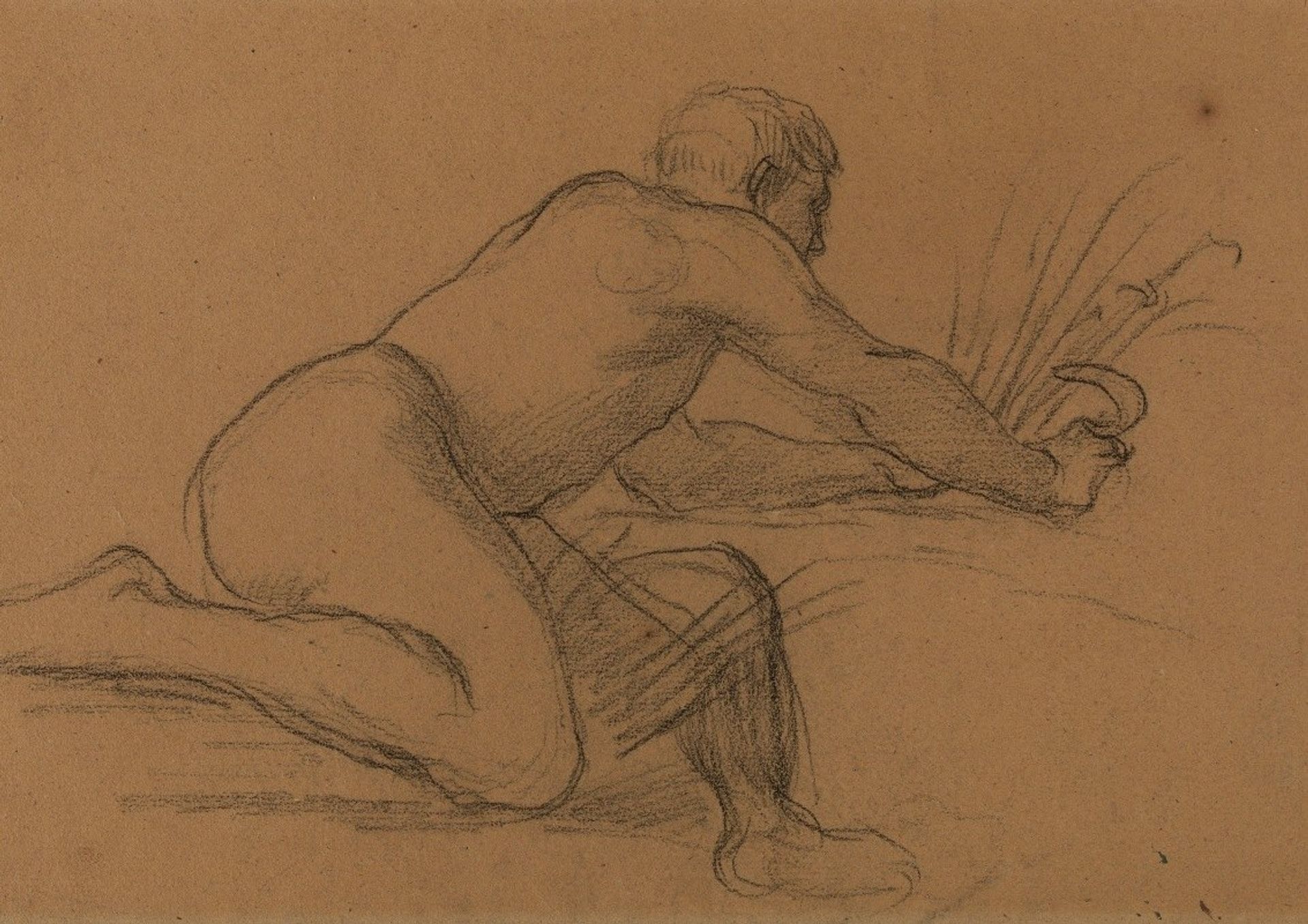 Homme nu accroupi coupant des herbes avec une faucille by Pierre Puvis de Chavannes