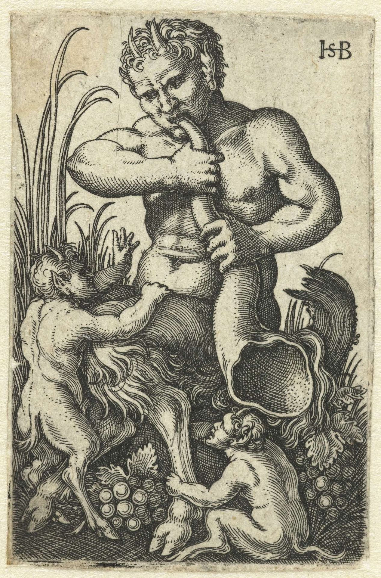 Satyr blazend op een hoorn by Sebald Beham