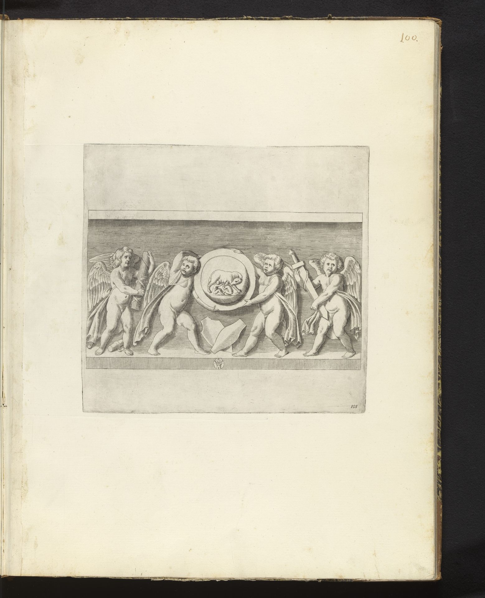 Bas-reliëf met putti die een medaillion met Romulus en Remus tonen by Valérien Regnard