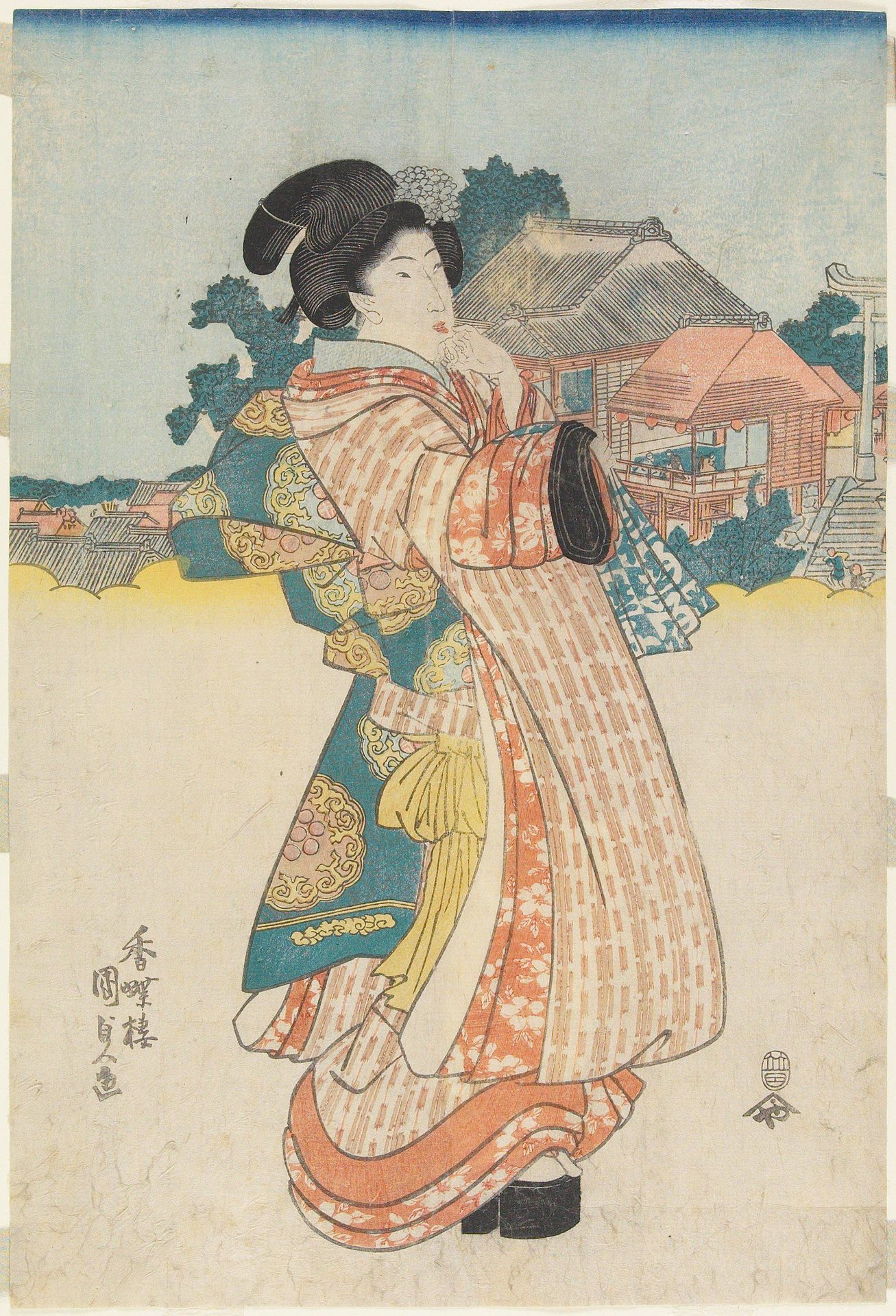 (Prostitute Standing in Front of a Shrine) by Utagawa Kunisada