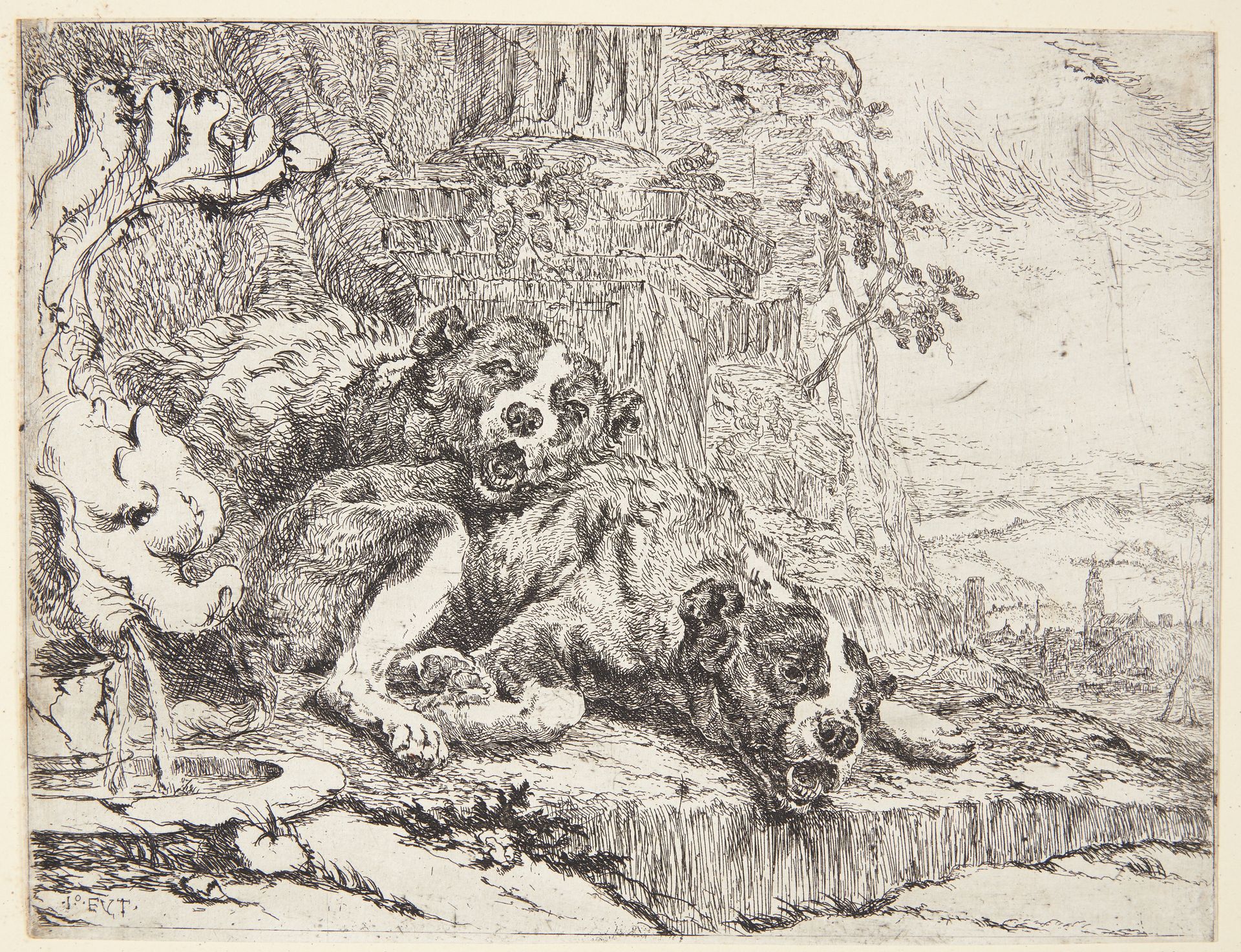 Hunde ved en fontæne by Joannes Fijt