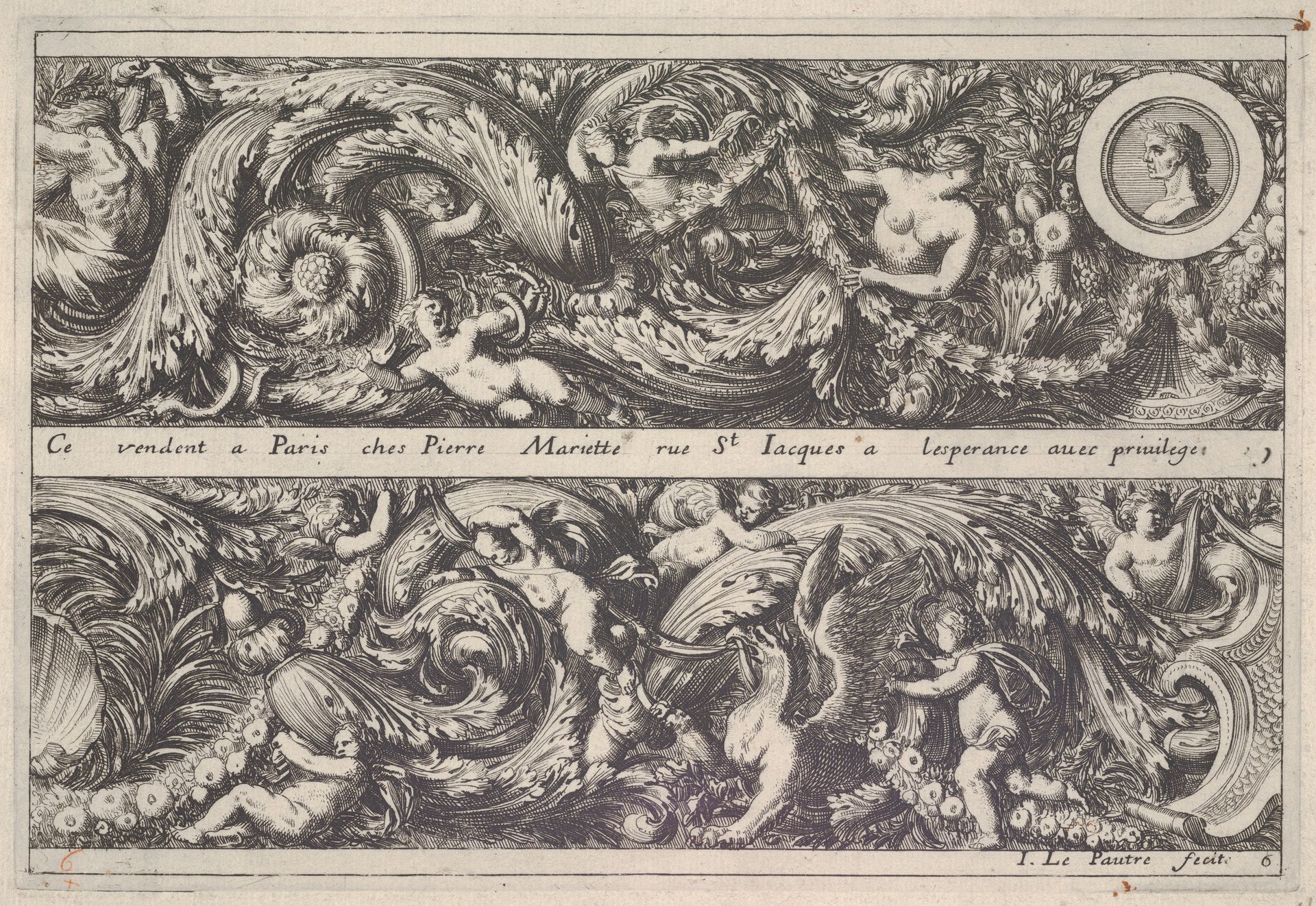 Two Designs for Friezes, of which one with a Round Portrait Medaillon, from: Frises, feuillages ou tritons marins antiques et modernes by Jean Le Pautre