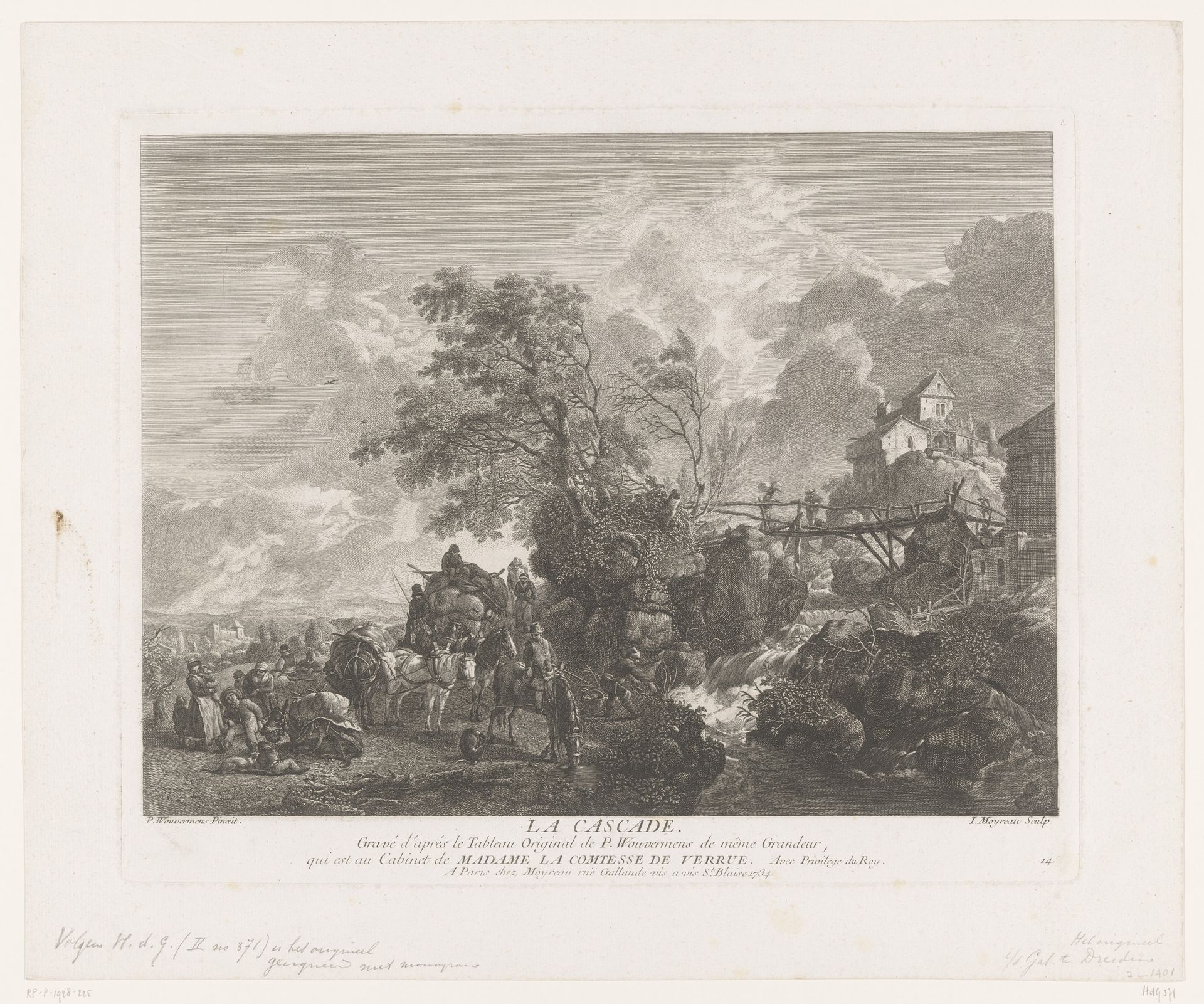 Landschap met reizigers bij een waterval by Jean Moyreau