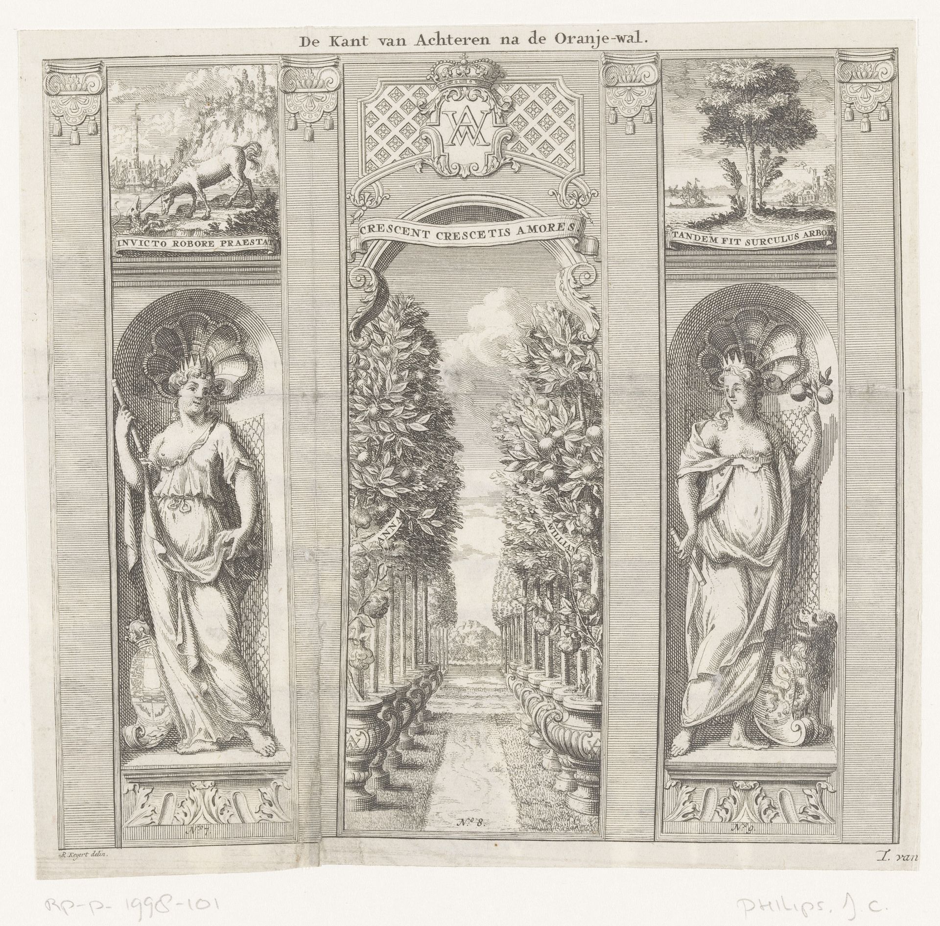 Personificaties van de geslachten Hannover en Nassau en een orangerie by Jan Caspar Philips