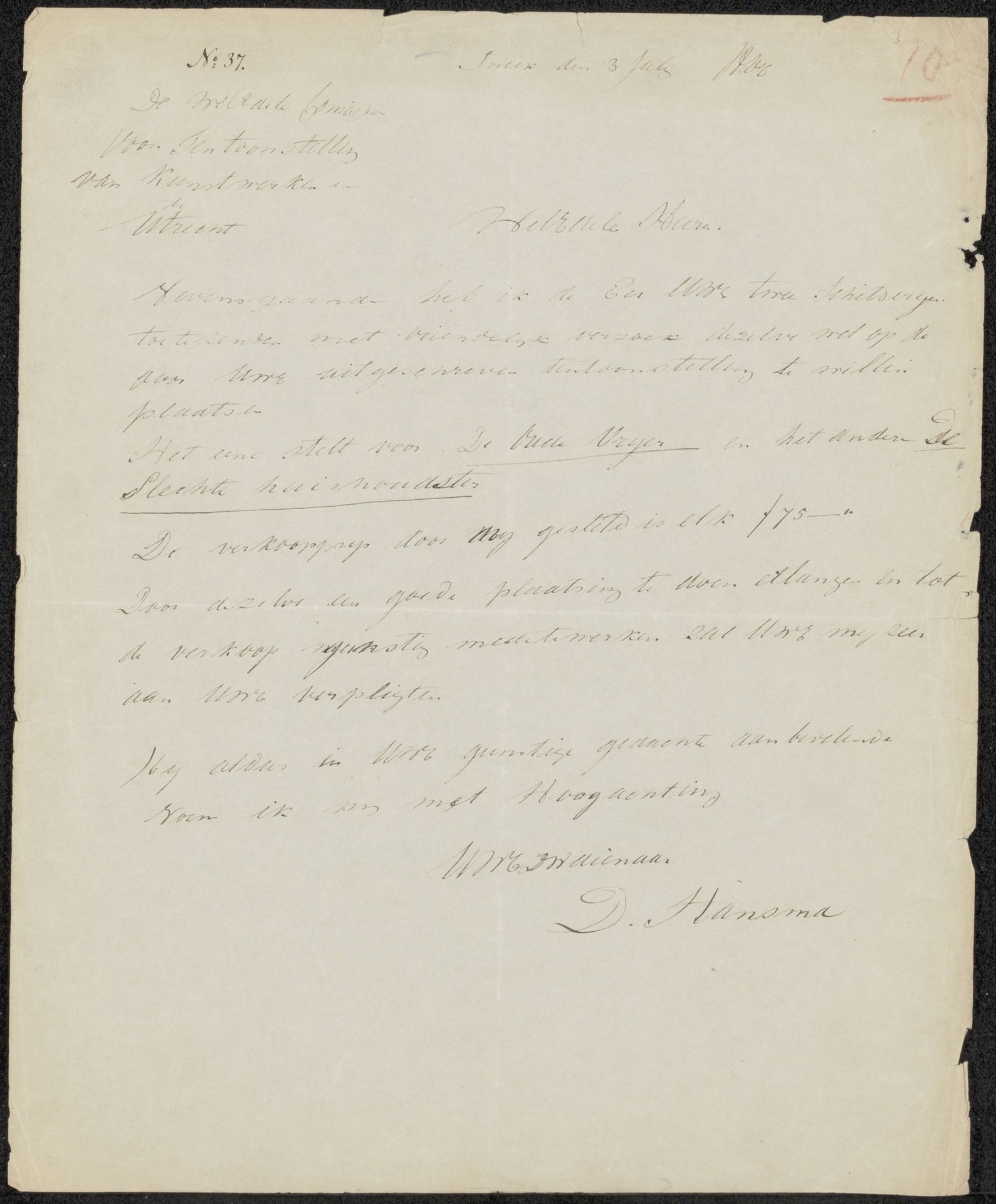 Brief aan de commissie van de Tentoonstelling van Levende Meesters in Utrecht by Douwe Hansma