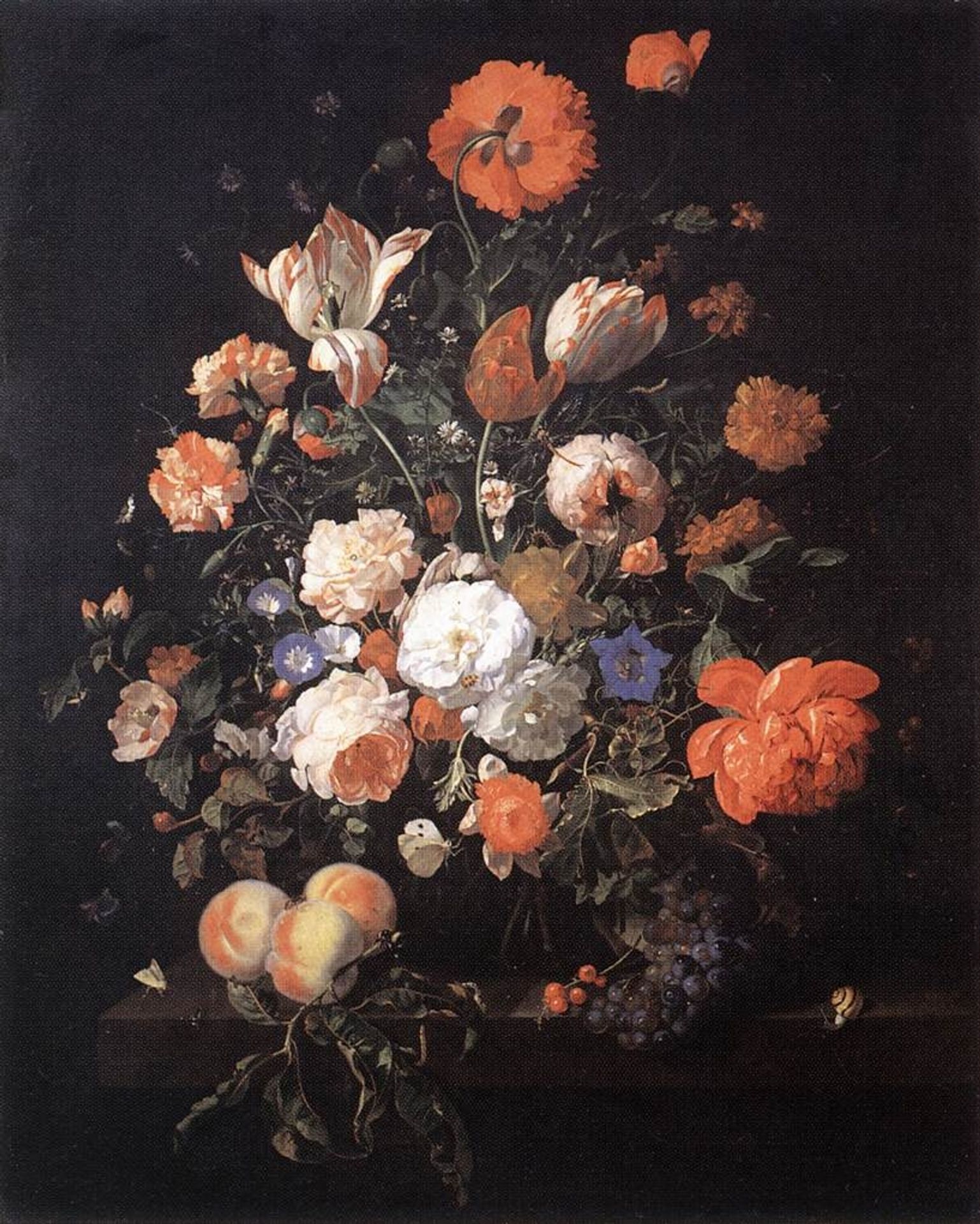 Flowers in a Glass Vase, with Peaches and Red Berries, on a Marble Slab by Rachel Ruysch