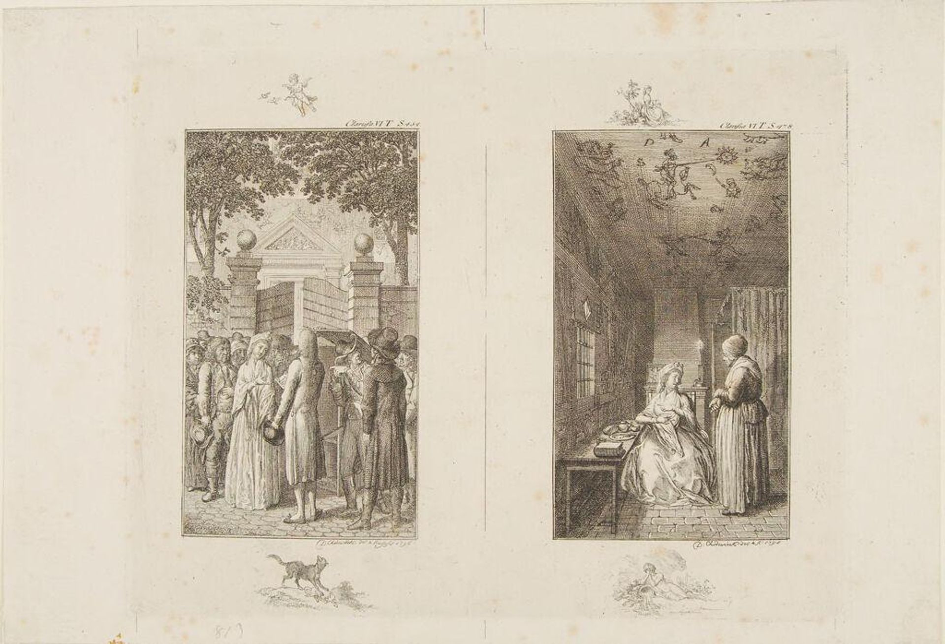 Two Illustrations for Samuel Richardson's 'Clarissa': "Clarissa's arrest as she leaves the church" and "Clarissa in prison" by Daniel Nikolaus Chodowiecki