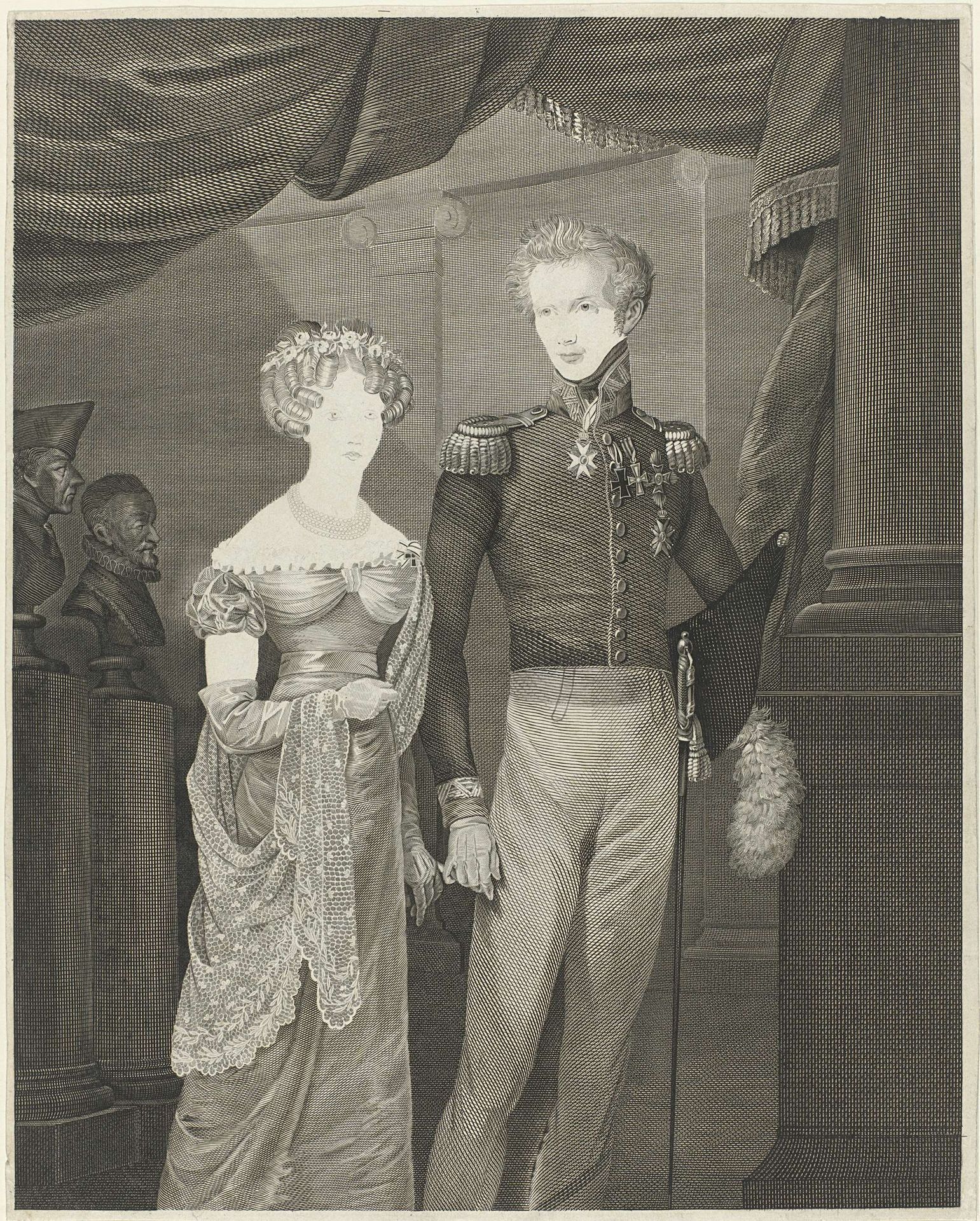 Portret van Frederik, prins der Nederlanden, en Louise van Pruisen by Philippus Velijn