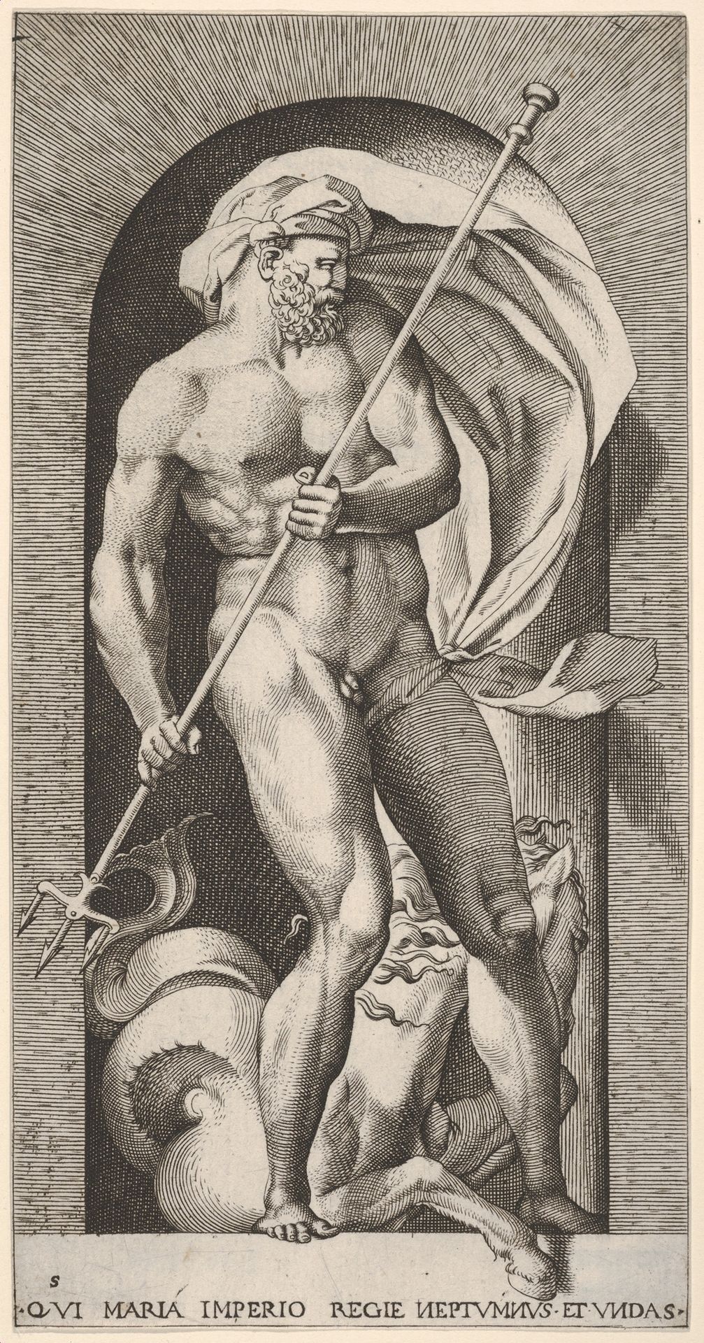 Plate 5: Neptune standing in a niche holding a trident, with a hippocampus (sea-horse) behind him, from a series of gods and goddesses by Giovanni Jacopo Caraglio