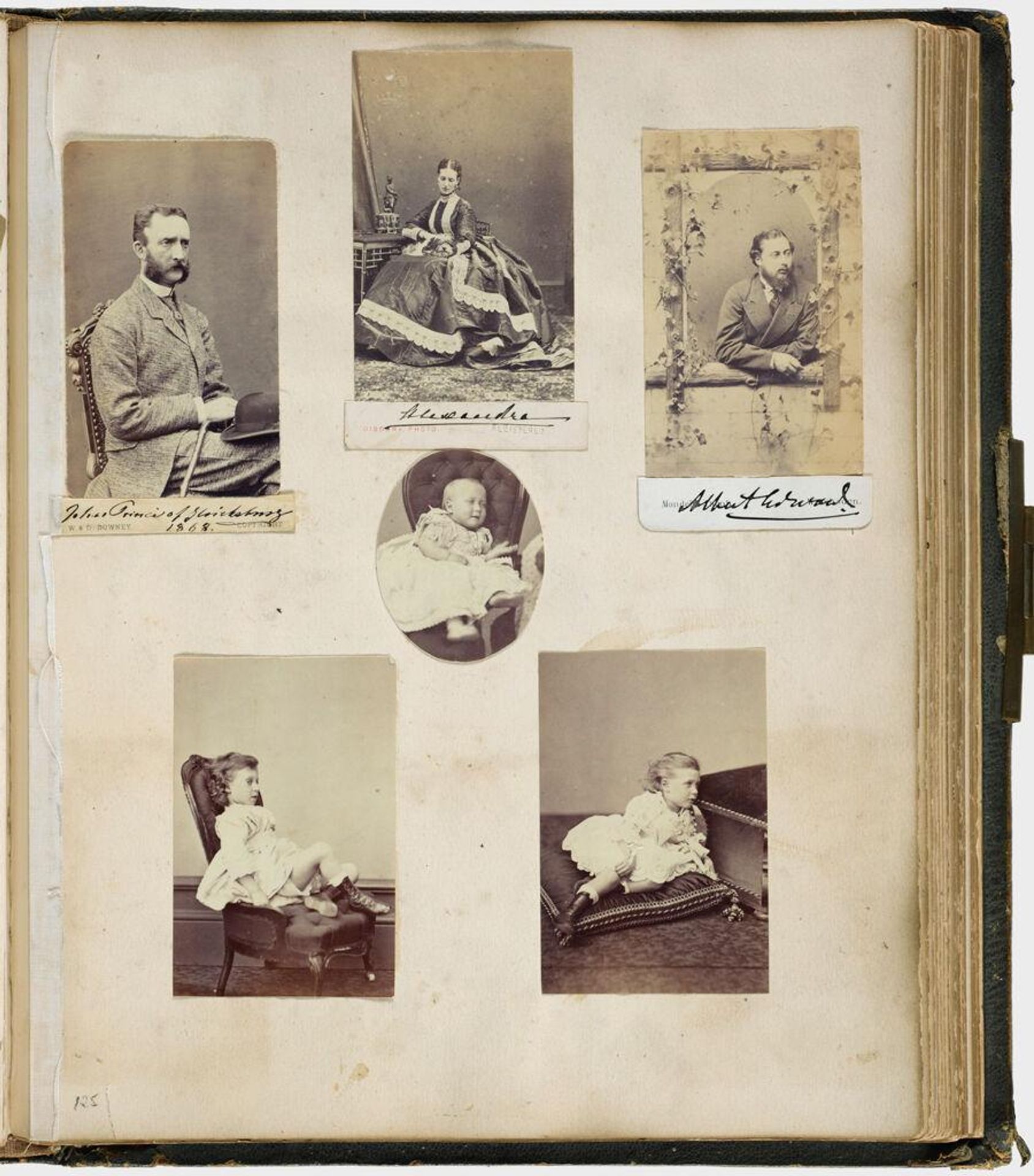Untitled (six photographs, center trimmed to oval, clockwise from upper left, Johan Prince of Glucksburg; Alexandra, Princess of Wales; Albert Edward, Prince of Wales; three unidentified children; verso: nine photographs, clockwise from upper left, Colonel White; Edward Hussey, Esq.; Sir Hope Palmer; Hon. Flora Hood; Lady Cotterell; Lady Constance Howard; Mrs. Dalrymple; Lady Susan Vane Tempest; center, Lady Edwin Hill Sandys) by Mary Georgiana Caroline Cecil Filmer