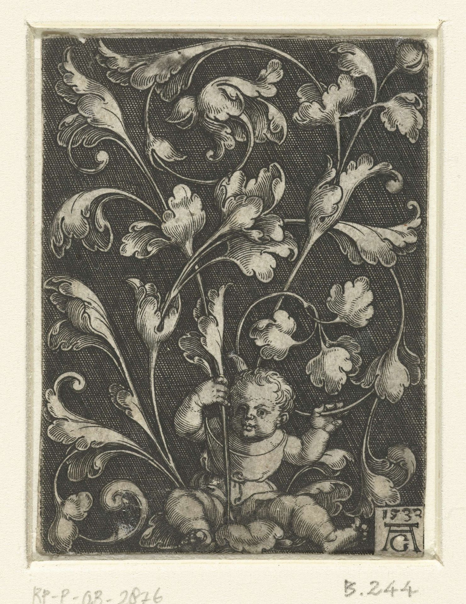 Bladranken vastgehouden door een zittend kind by Heinrich Aldegrever